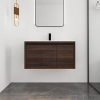 36" wall mounted single bathroom vanity with integrated sink in walnut, modern floating design | Ace Decor