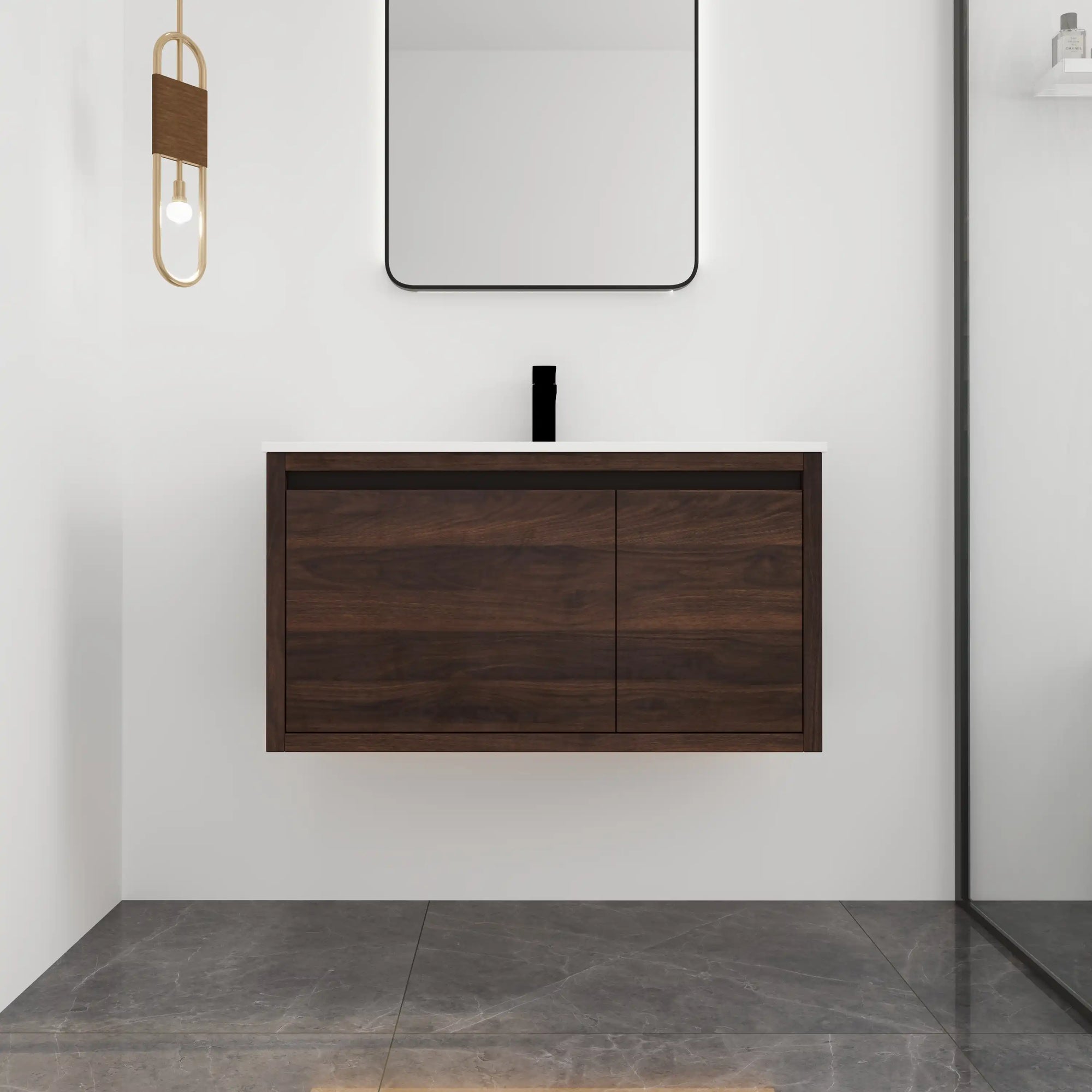 36" wall mounted single bathroom vanity with integrated sink in walnut, modern floating design | Ace Decor