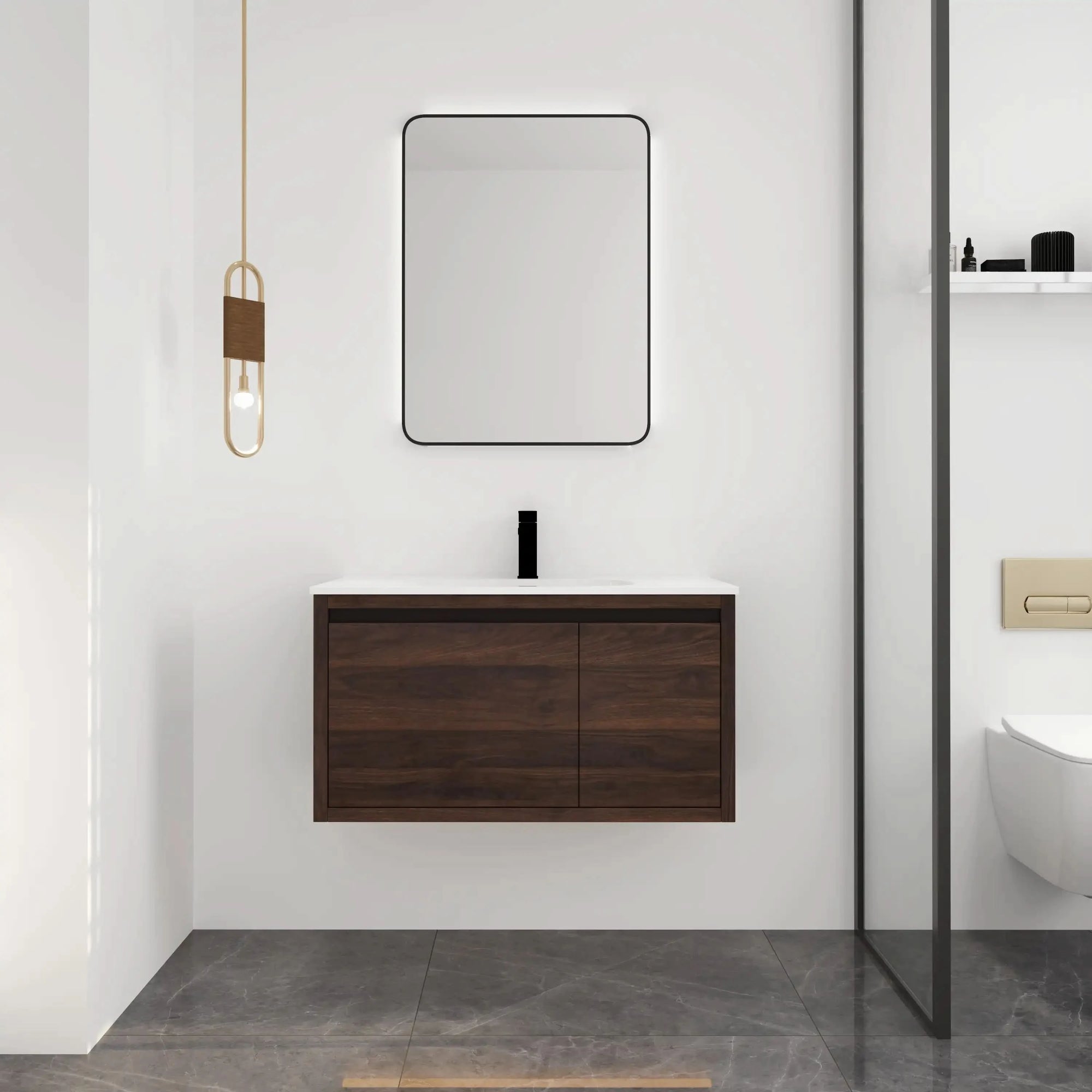 36 Inch Wall-Mounted Bathroom Vanity with Gel Sink – Modern & Space-Saving Design color: California Walnut