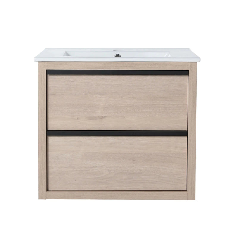 24" Light Oak Bathroom Vanity with 2 Soft-Close Drawers & White or Black Sink