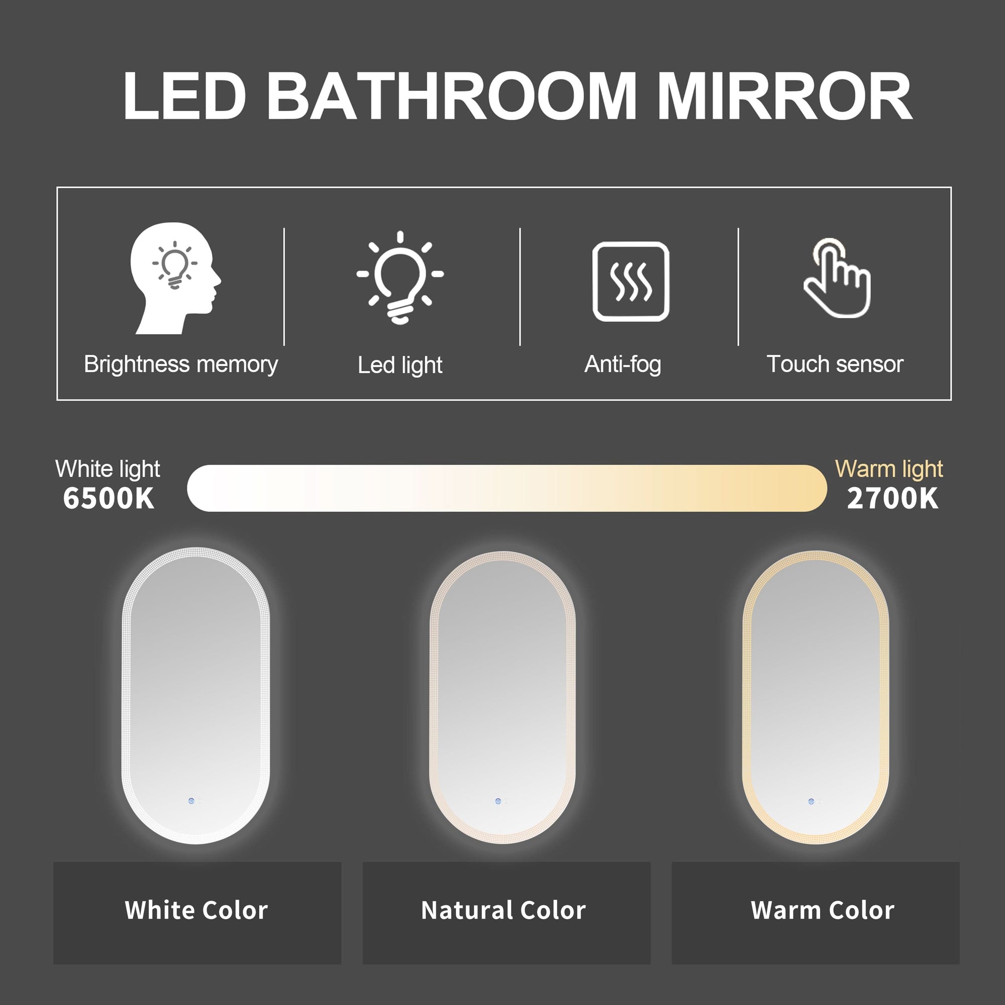 Dimmable Switch-Held Memory LED Bathroom Mirror color:White