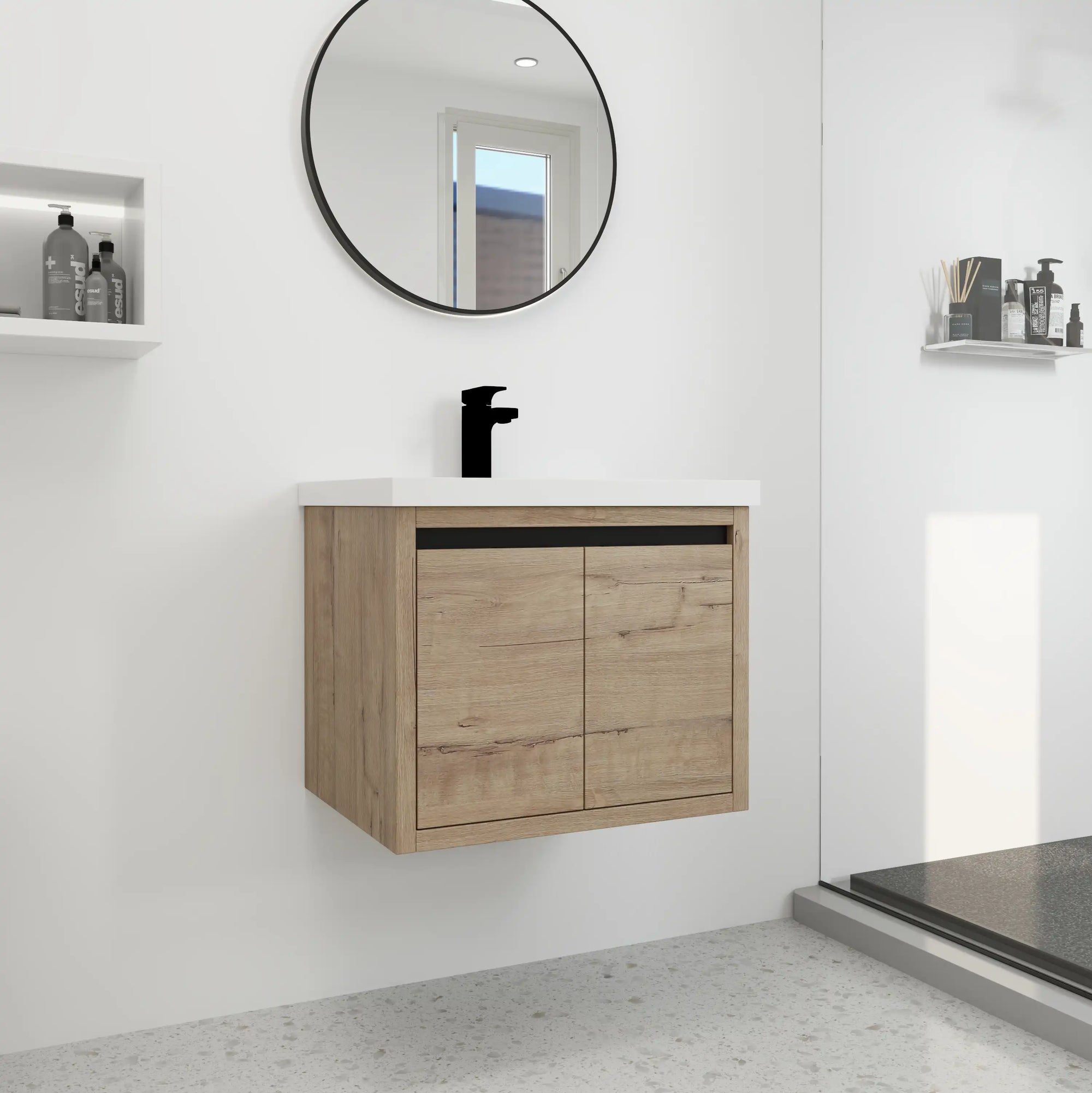 24" wall mounted vanity unit in imitative oak with integrated sink installed in modern bathroom | Ace Decor