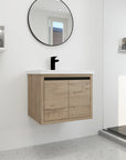 24" wall mounted vanity unit in imitative oak with integrated sink installed in modern bathroom | Ace Decor