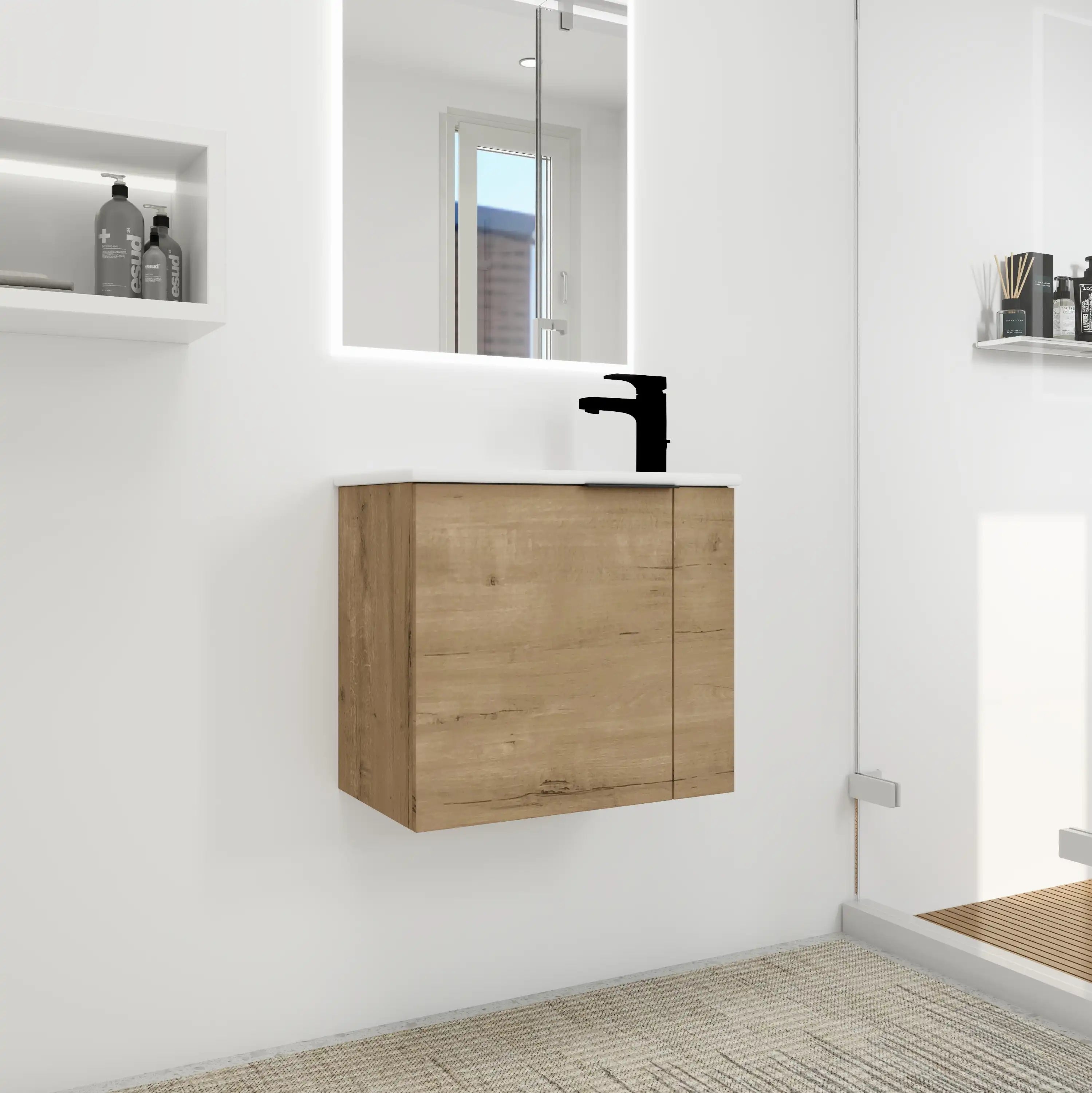 Forma Series 22 inch bathroom floating vanity in compact bathroom setting.