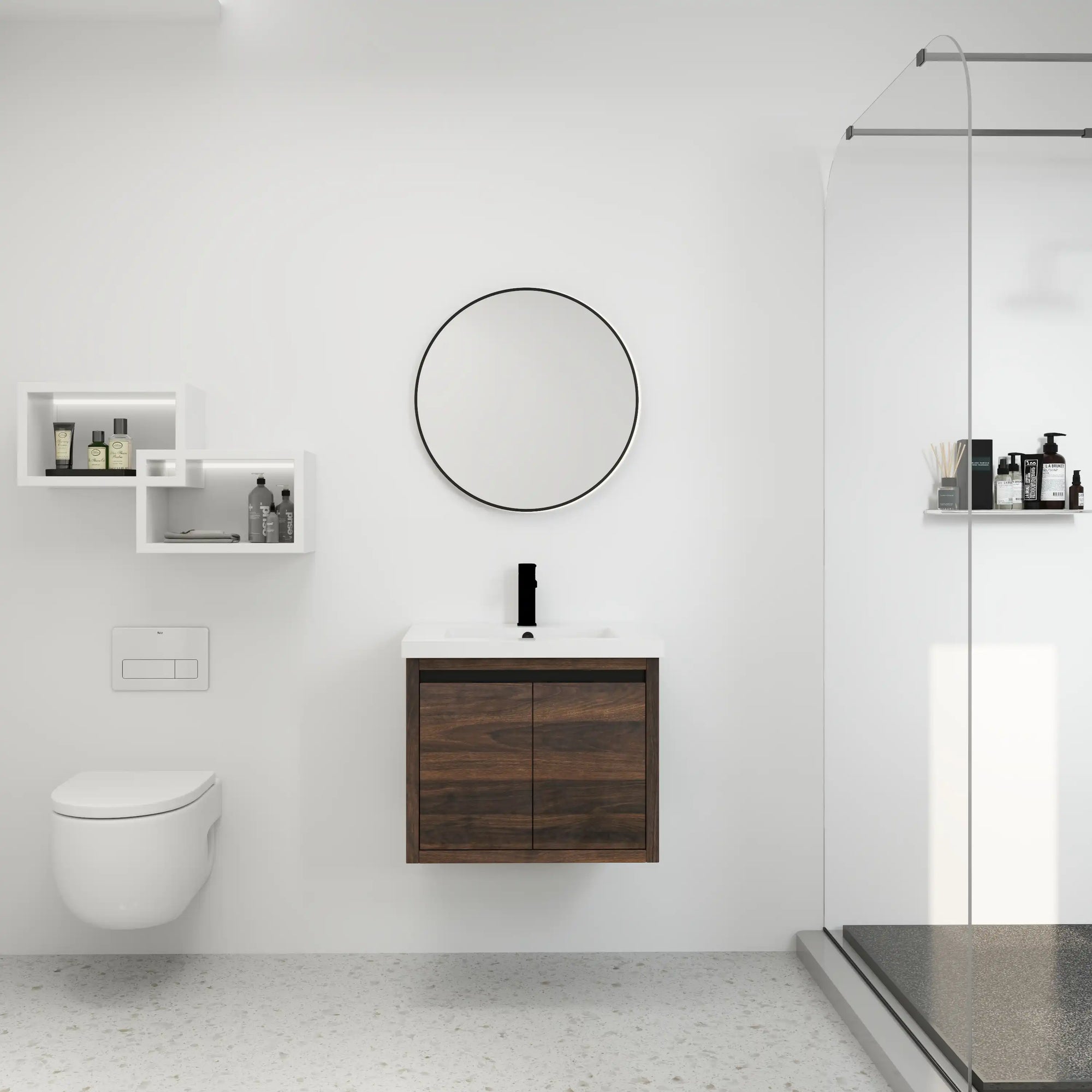 Full bathroom scene featuring a 24" floating vanity bathroom with clean layout | Ace Decor