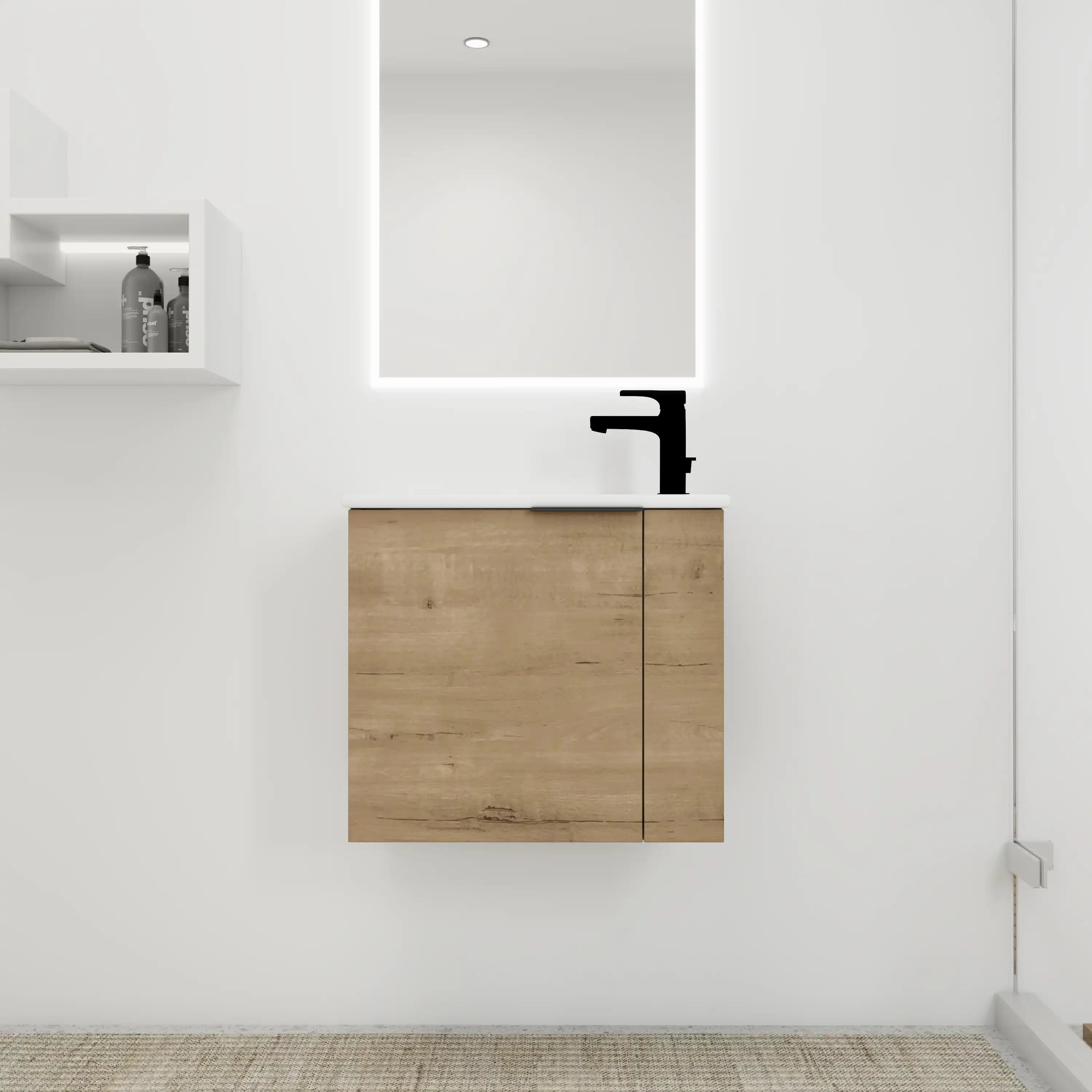 Forma 22 inch bathroom vanity wall-mounted in modern small bathroom with LED mirror and black faucet.