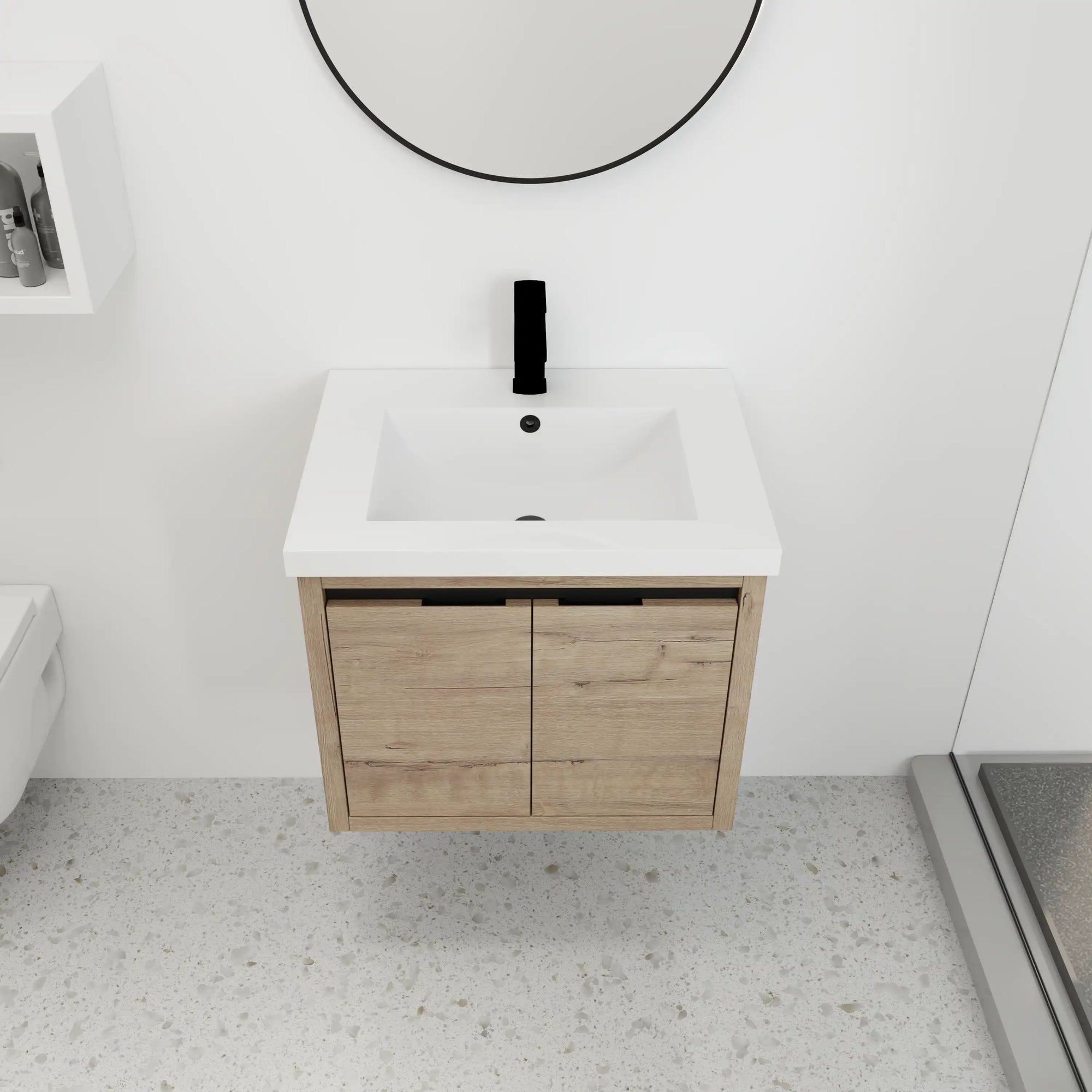 24" wall mounted vanity unit with integrated resin sink and clean-lined oak finish | Ace Decor