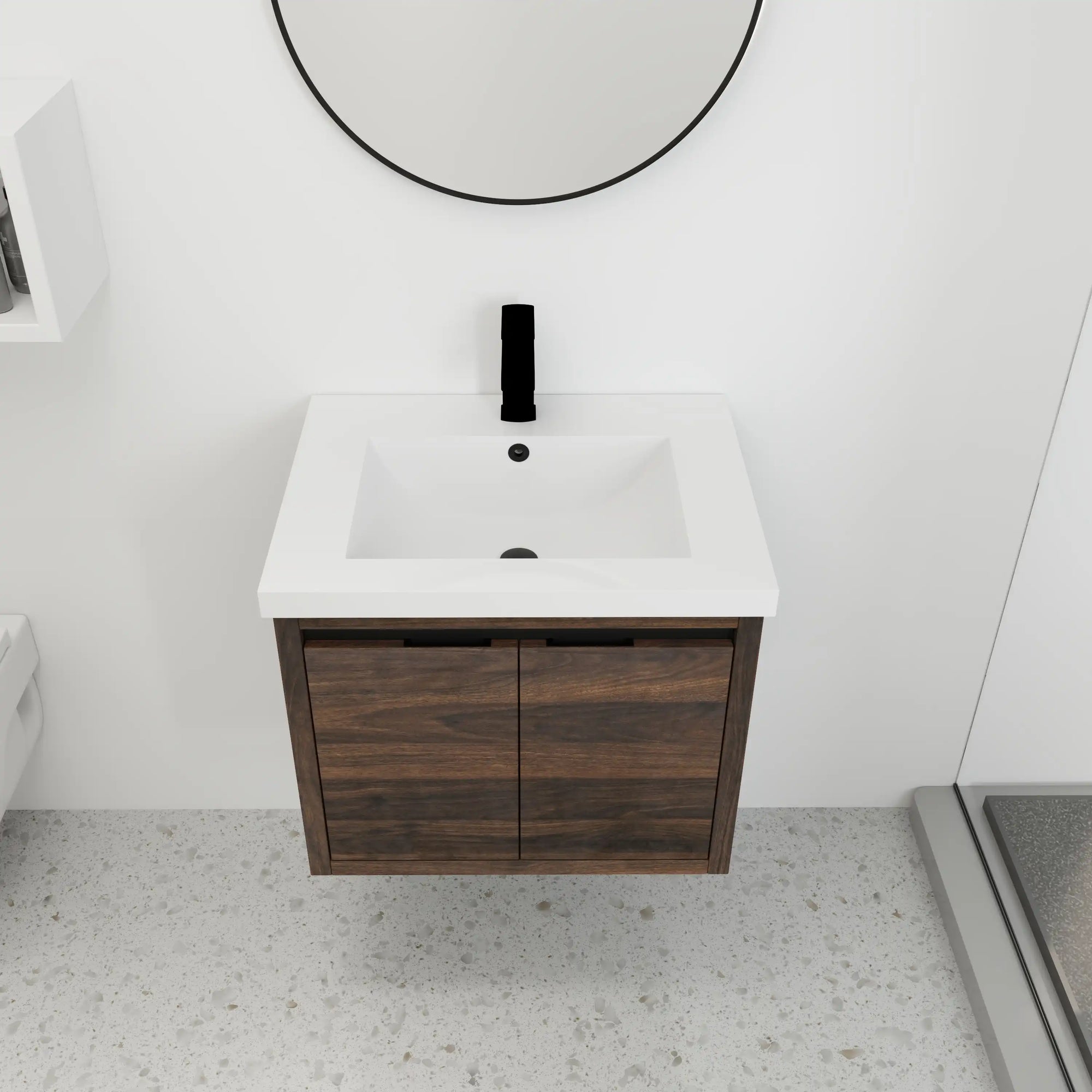 Top-down view of 24" floating vanity bathroom with integrated resin sink | Ace Decor
