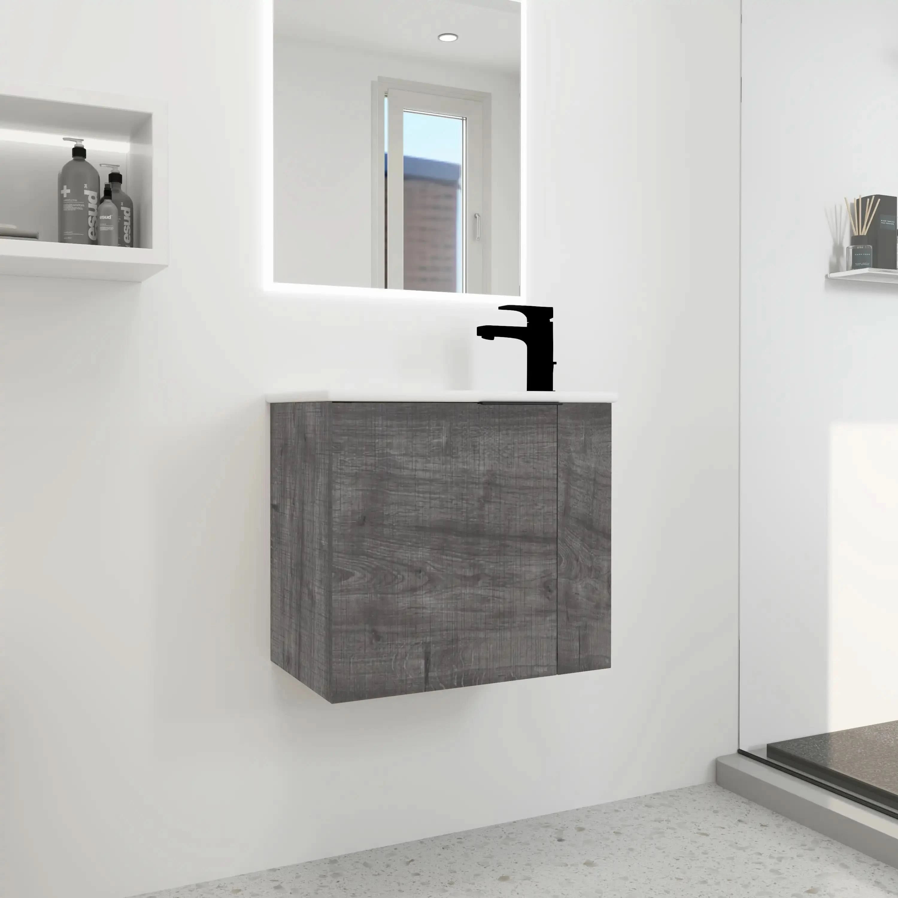Minimalist bathroom with 22 inch bathroom vanity and integrated ceramic basin in grey oak.