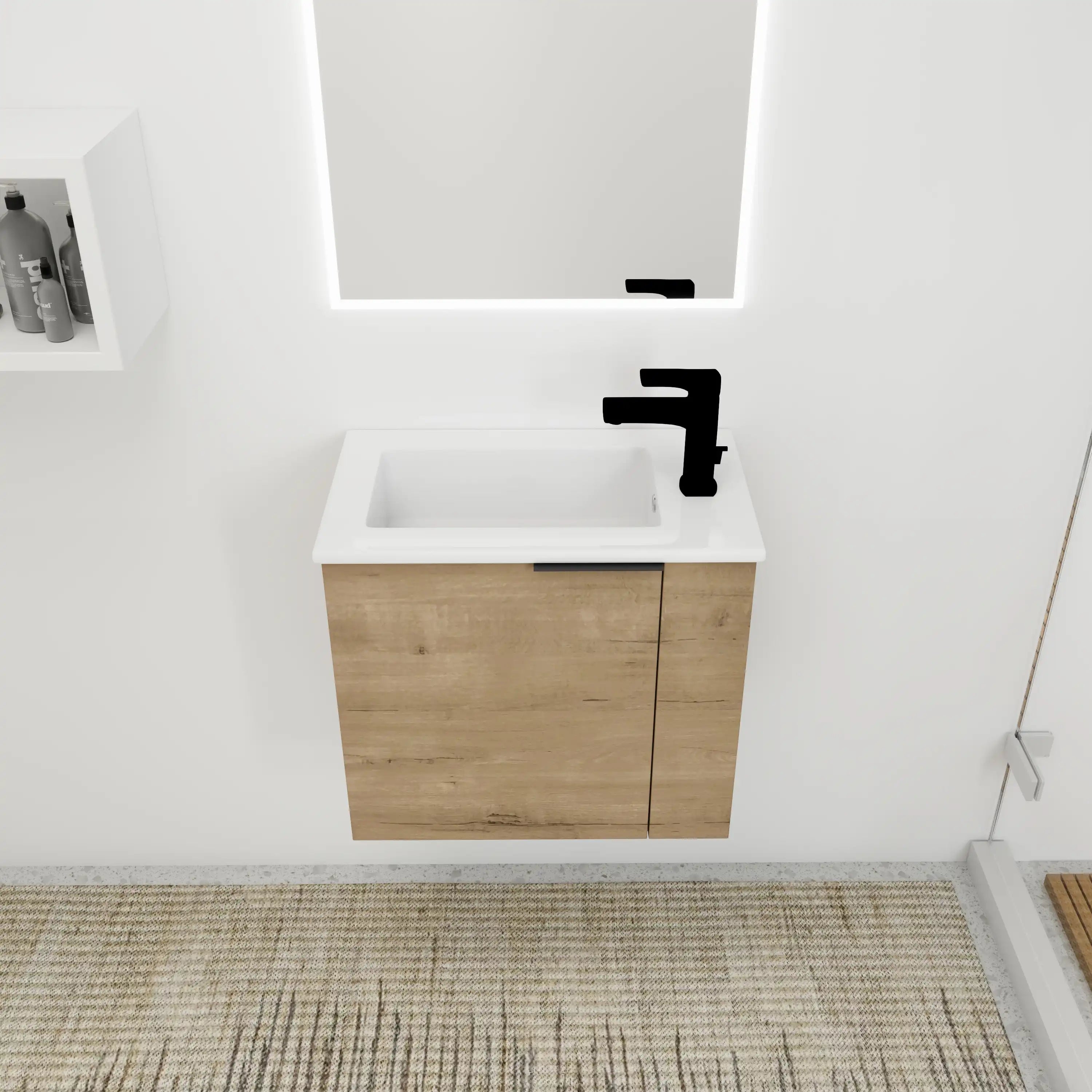 22 inch modern wood finish bathroom vanity with integrated ceramic sink top view.