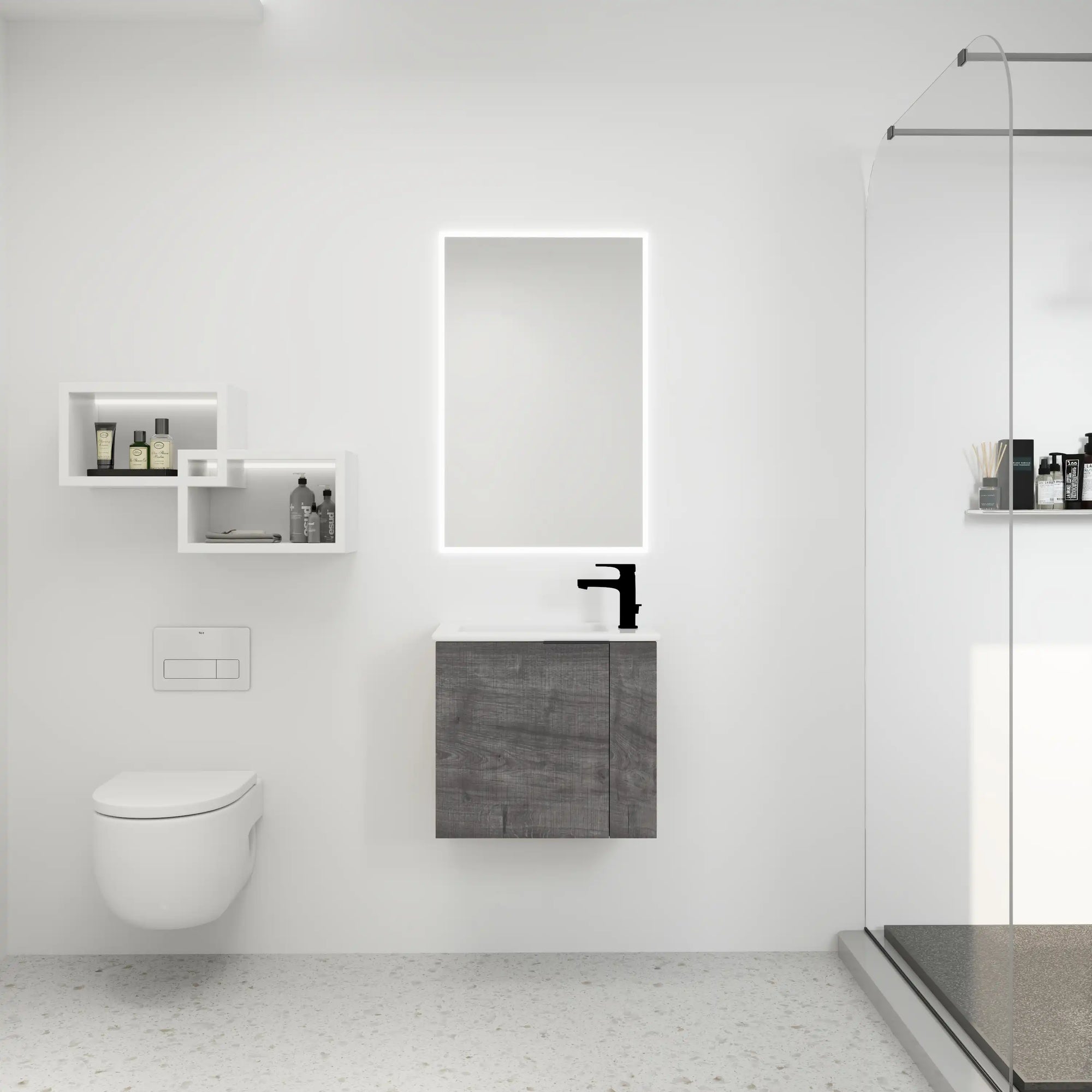 22" floating bathroom vanity sink installed in a modern small bathroom with grey oak finish | Ace Decor