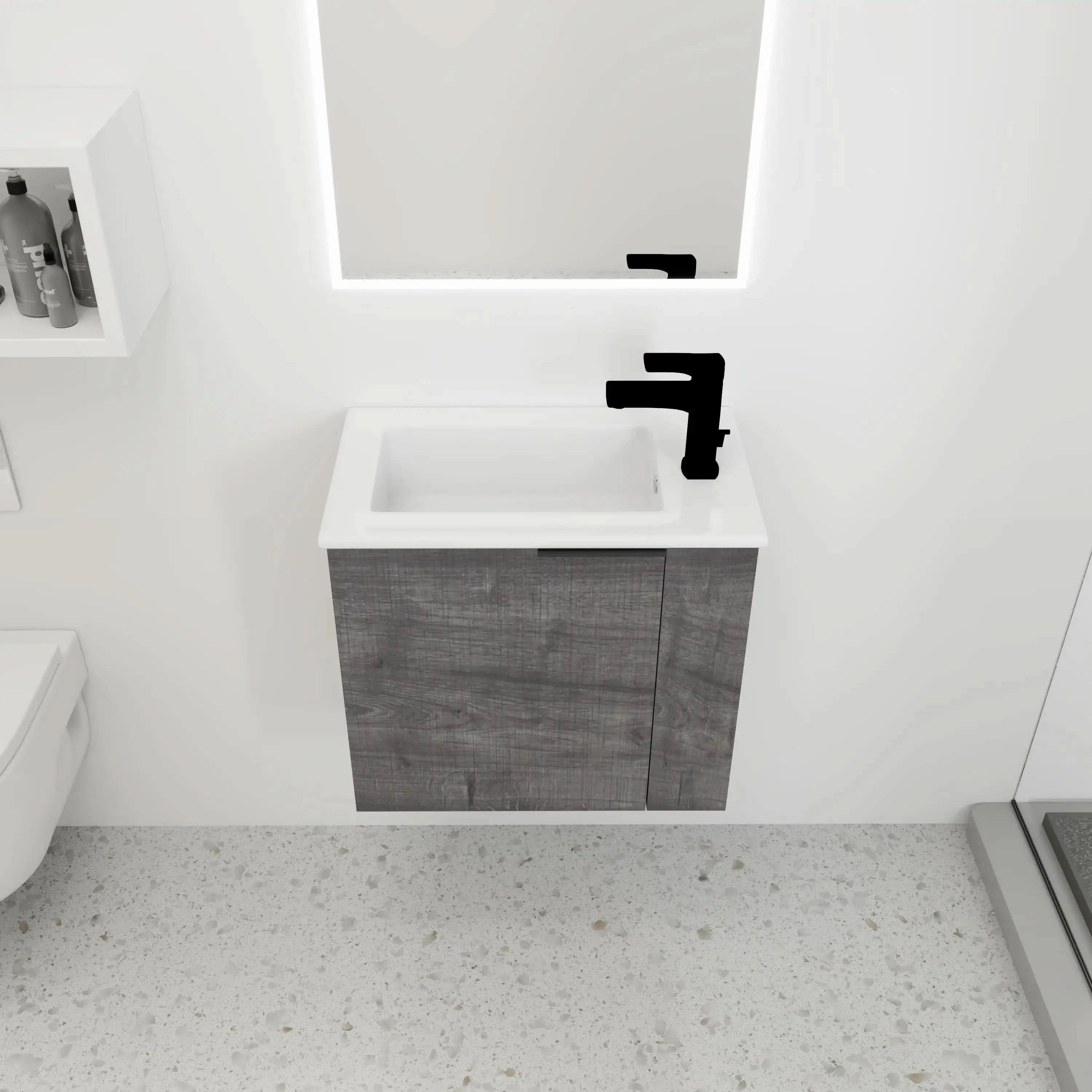 Top view of 22 inch floating bathroom vanity with integrated ceramic sink and black faucet.