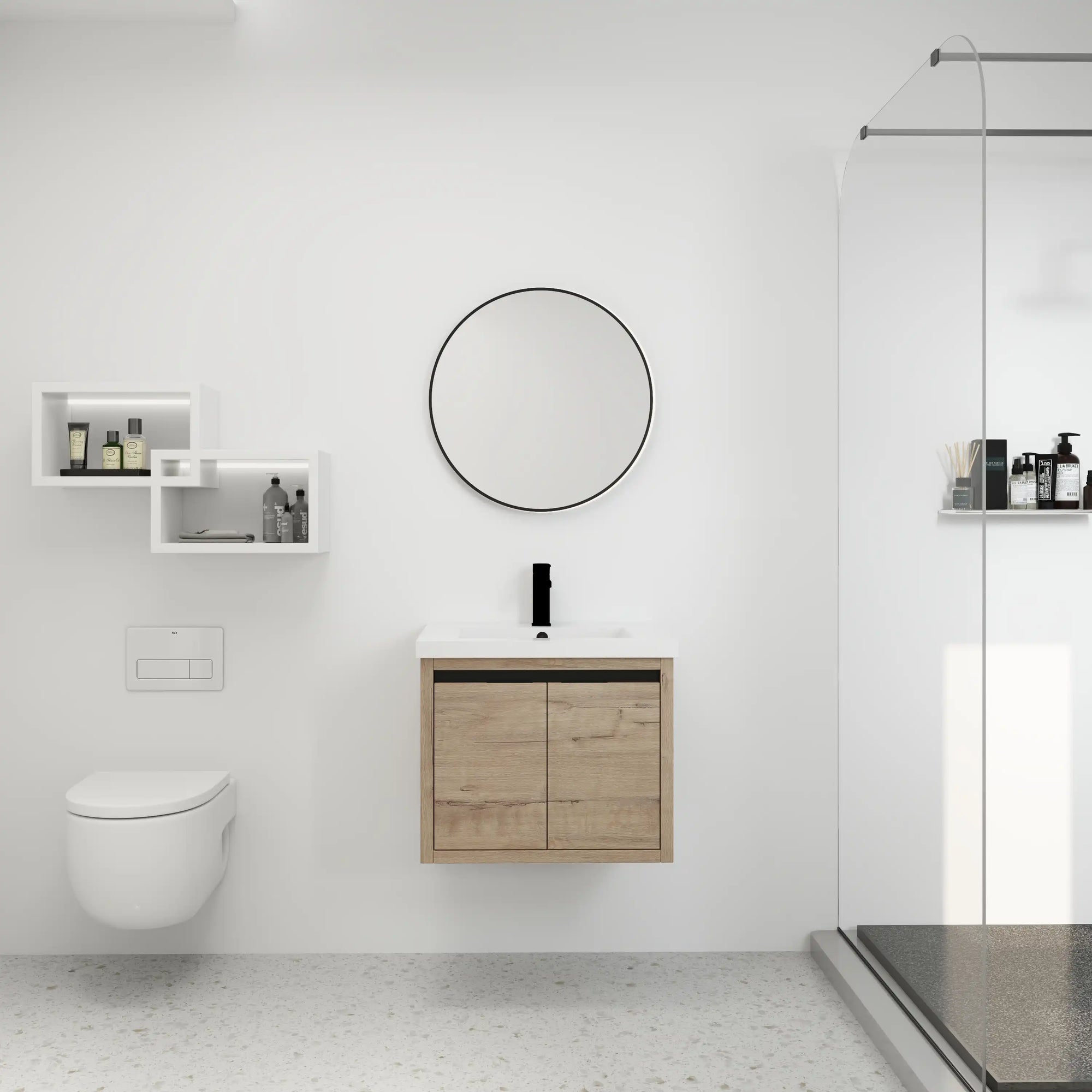 24" wall mounted vanity unit shown in minimalist bathroom setting with floating installation | Ace Decor