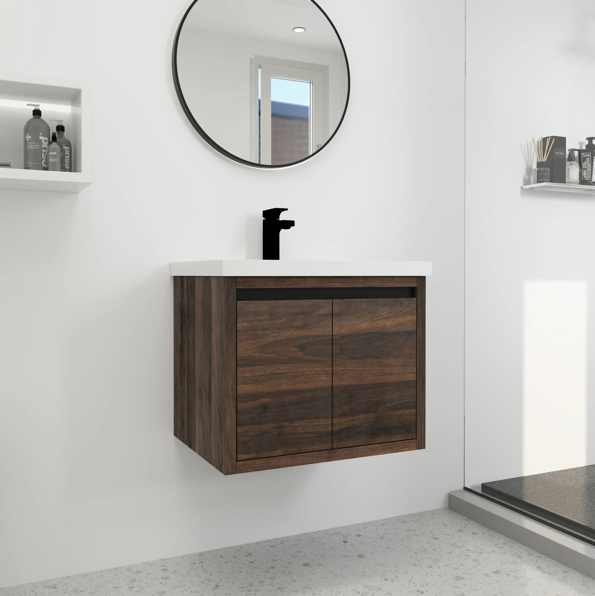 Angled view of 24" floating vanity bathroom with wall-mounted modern design | Ace Decor
