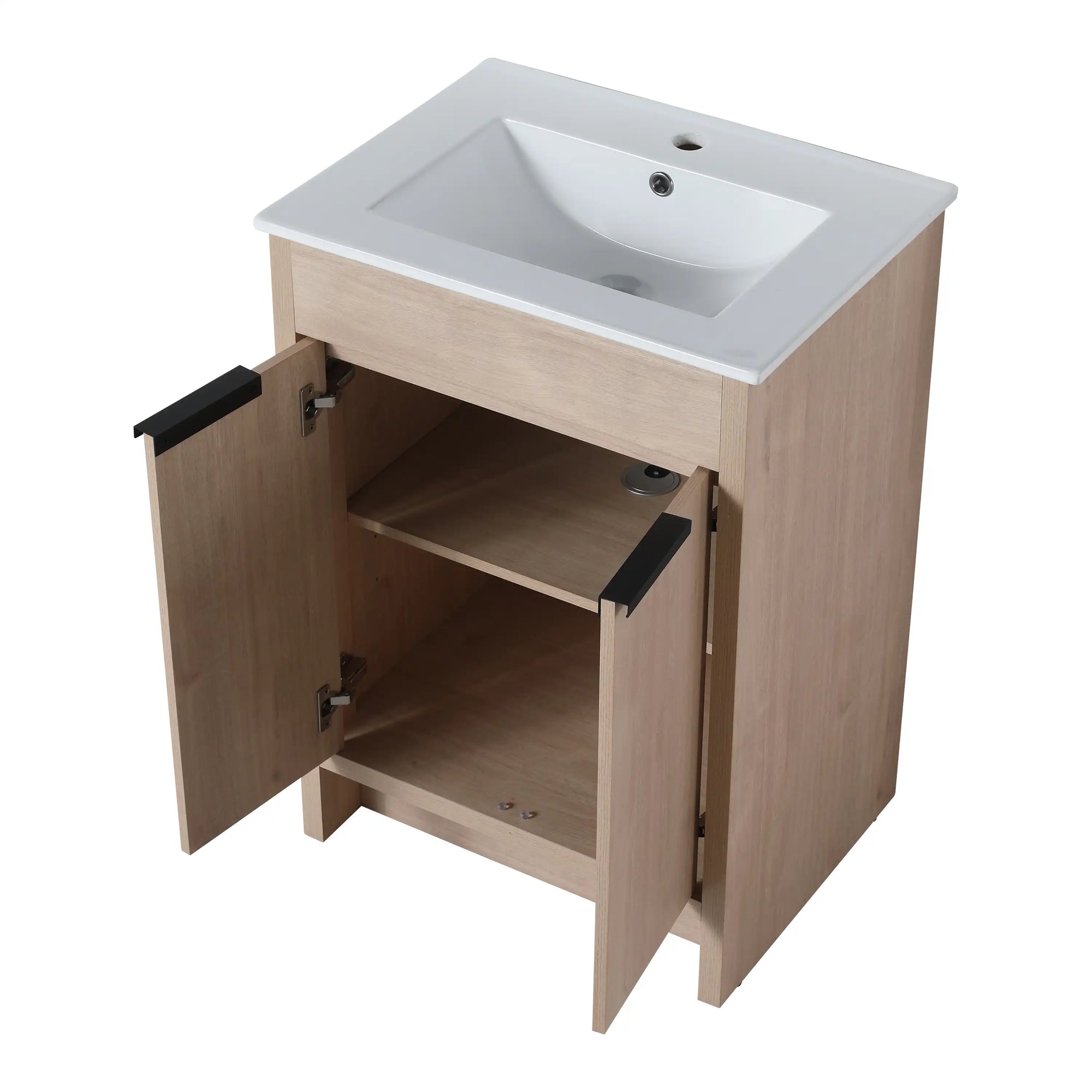 Open-door view of 24" light oak 24in bathroom vanity with interior shelf and white integrated sink | Ace Decor