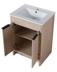 Open-door view of 24" light oak 24in bathroom vanity with interior shelf and white integrated sink | Ace Decor
