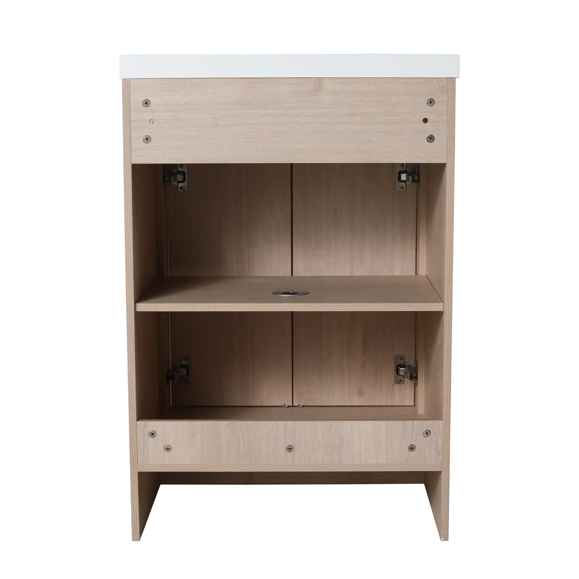 Interior storage view of 24" 24in bathroom vanity, showing spacious shelving and plumbing cutout | Ace Decor