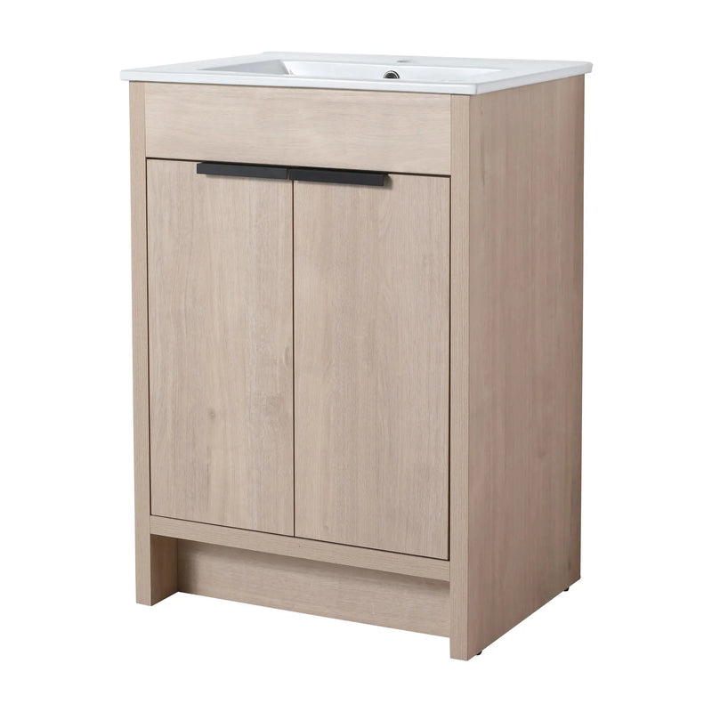 24", 30" or 36" Plain Light Oak Freestanding Bathroom Vanity with Black or White Sink & Soft Close Doors