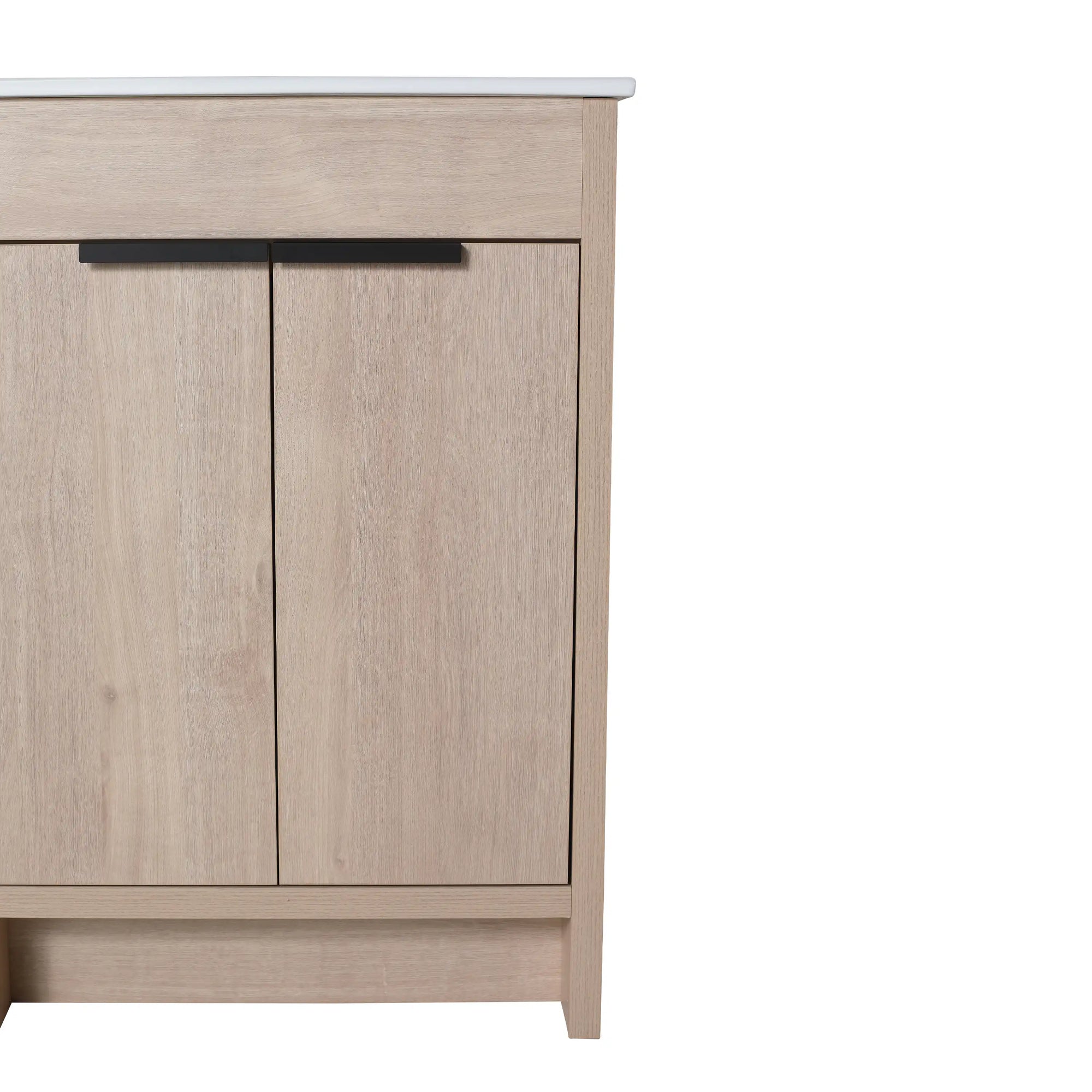 Front detail of 24" light oak 24in bathroom vanity highlighting clean lines and matte black handle | Ace Decor