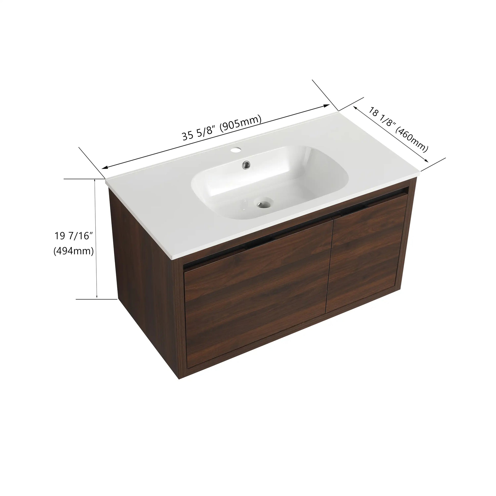 36 Inch Wall-Mounted Bathroom Vanity with Gel Sink – Modern & Space-Saving Design color: California Walnut