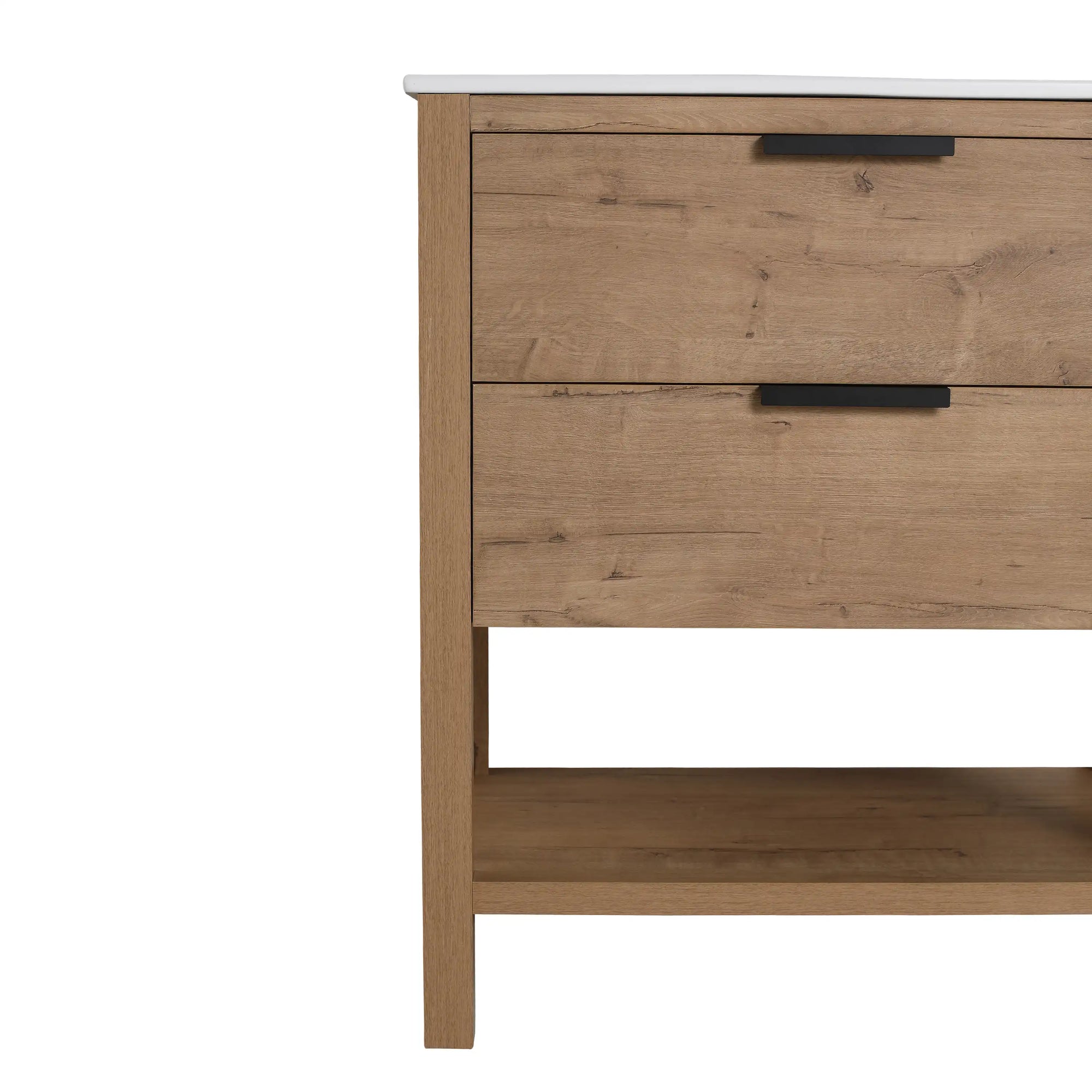 30" freestanding single bathroom vanity front corner view with open shelf | Ace Decor