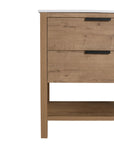 30" freestanding single bathroom vanity front corner view with open shelf | Ace Decor