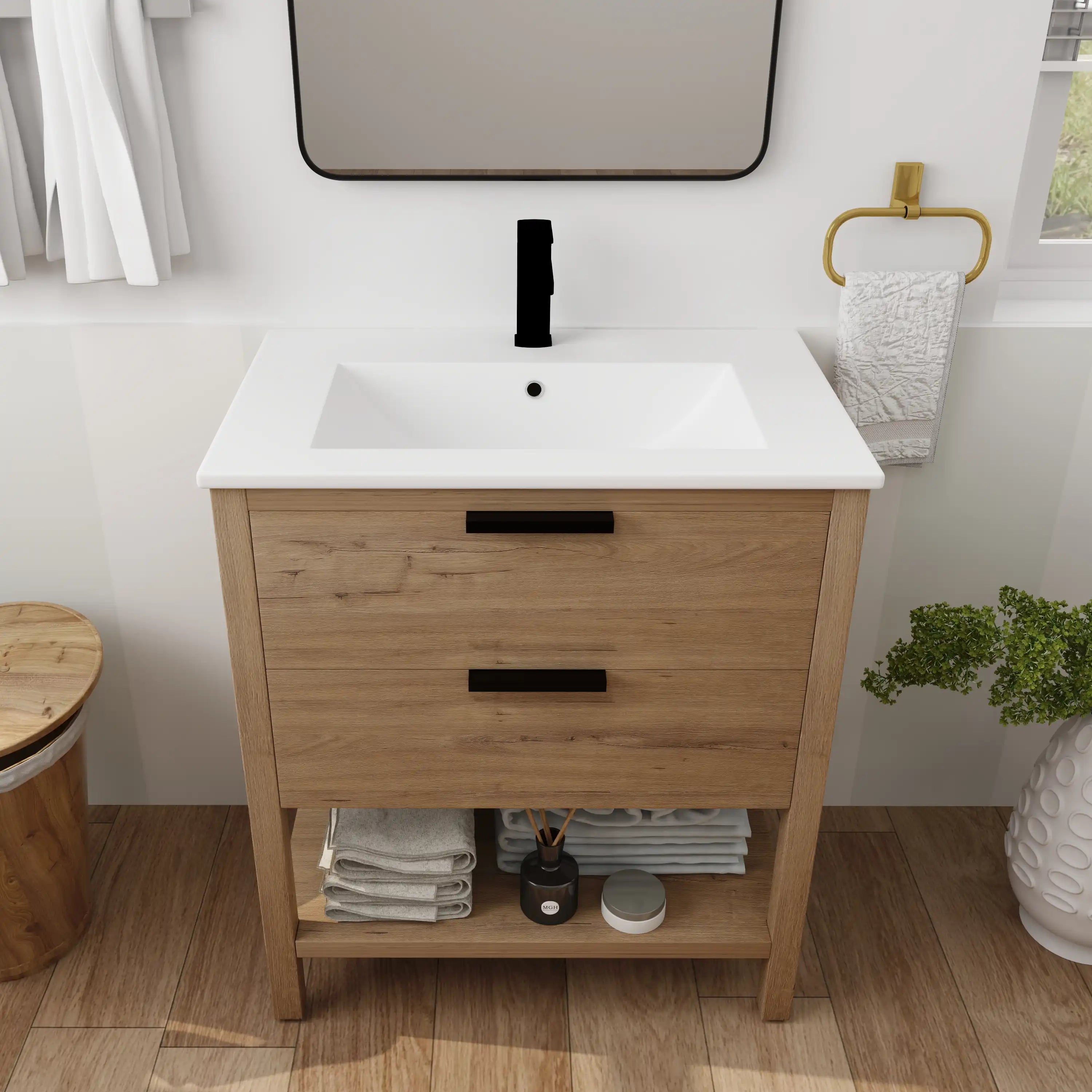 30" freestanding single bathroom vanity styled with integrated sink in modern bathroom.