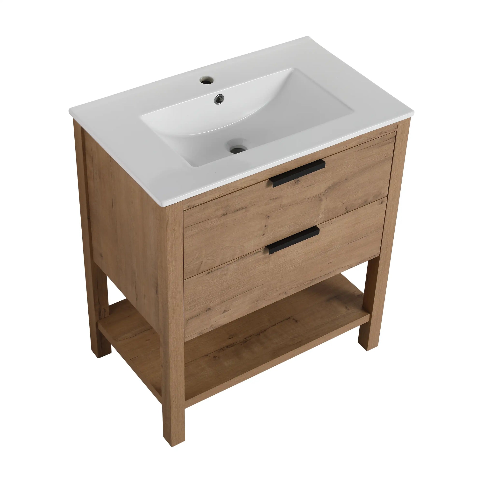 30" freestanding single bathroom vanity angled view with integrated white sink | Ace Decor