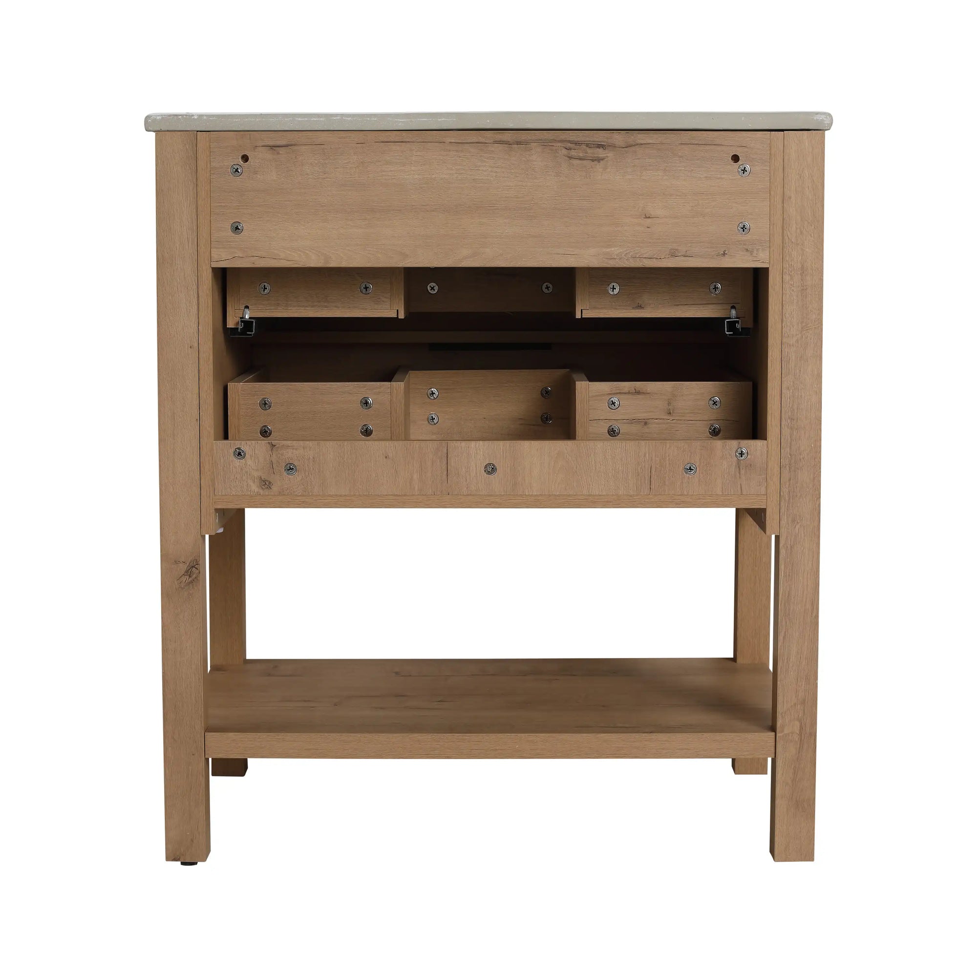 30" freestanding single bathroom vanity rear view showing internal drawer structure | Ace Decor