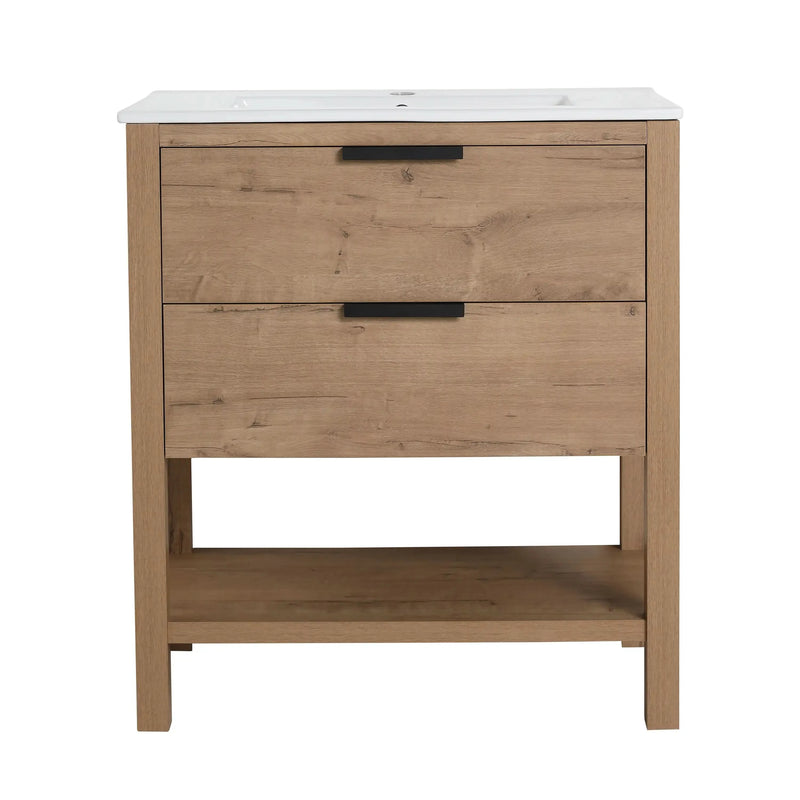 30" Imitative Oak Freestanding Bathroom Vanity – 2 Drawers, Black/White Sink Options & Open Shelf