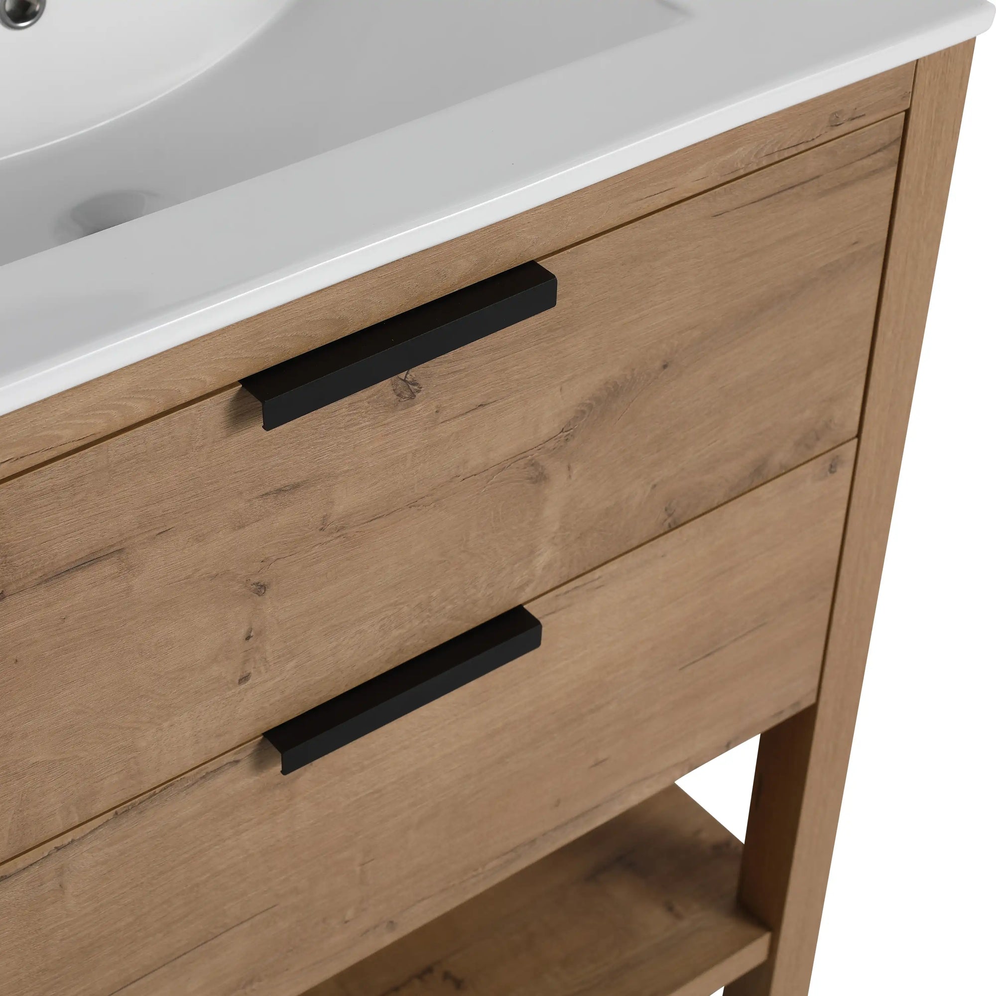 30" freestanding single bathroom vanity close-up of drawer handles and wood finish | Ace Decor