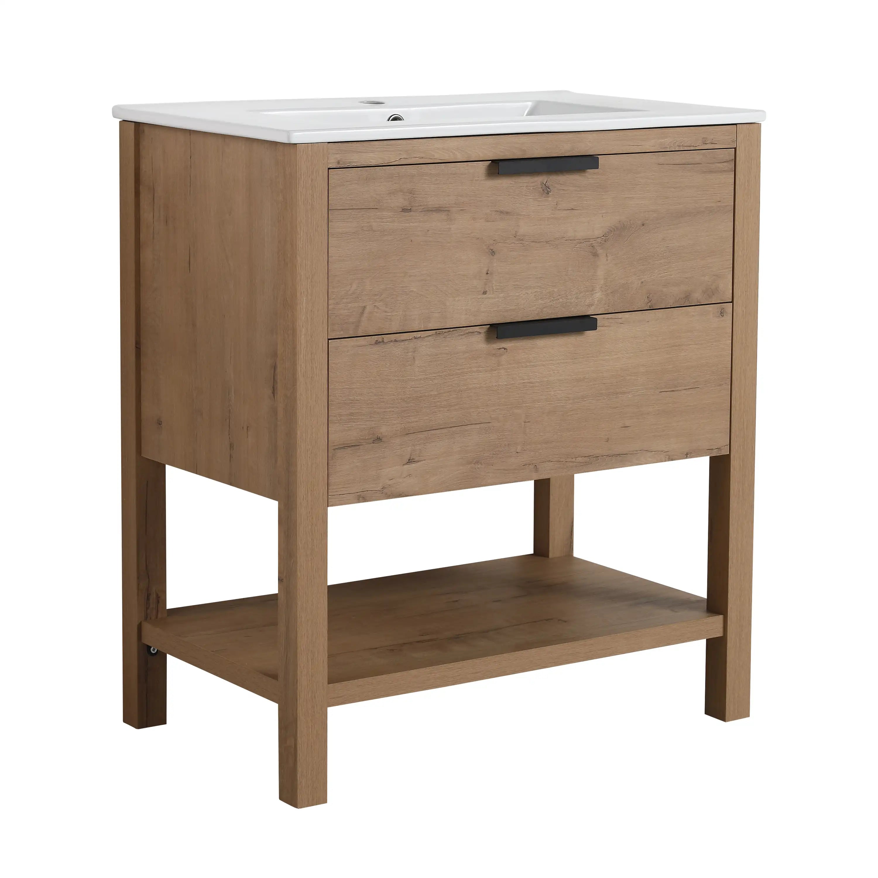 30" freestanding single bathroom vanity angled front view with open shelf.