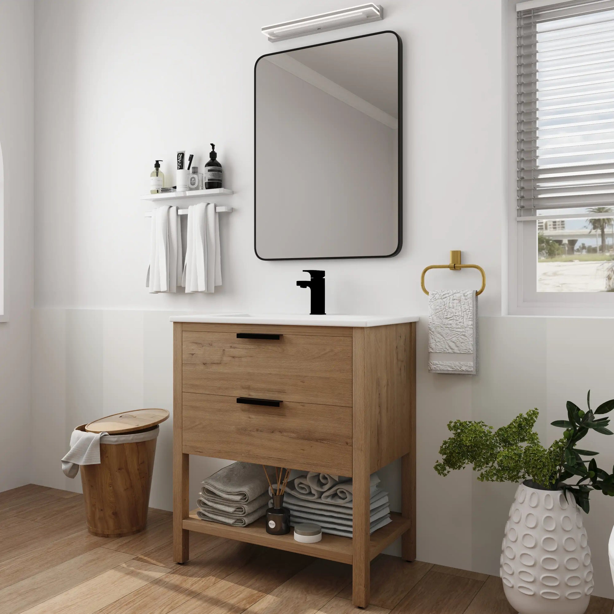 30" freestanding single bathroom vanity with sink in imitative oak finish, modern bathroom setting | Ace Decor