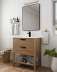30" freestanding single bathroom vanity with sink in imitative oak finish, modern bathroom setting | Ace Decor