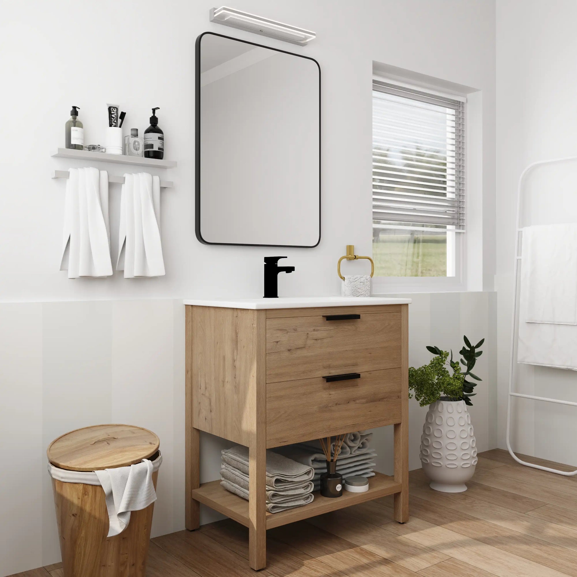 Freestanding single bathroom vanity 30" with white integrated sink and open shelf storage | Ace Decor