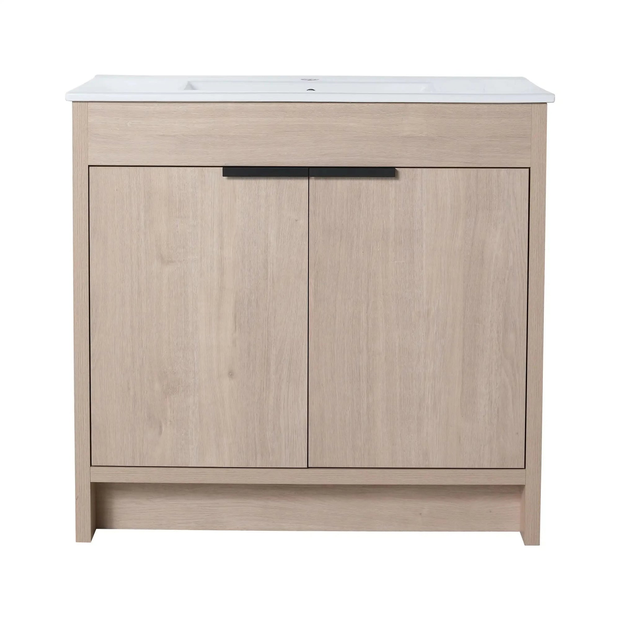 Freestanding Bathroom Vanity with Sink &amp; 2 Soft-Close Doors color: Plain Light Oak