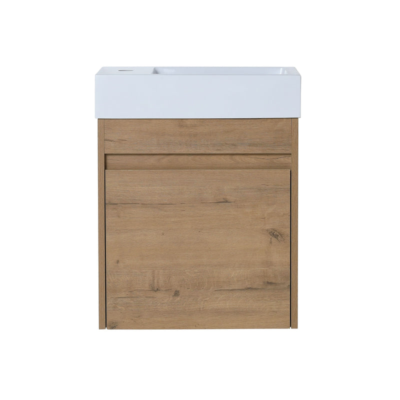 18'' Imitative Oak Floating Bathroom Vanity with White Resin Sink & Soft-Close Cabinet