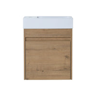 Front view of 18" wall mount bathroom sink vanity with integrated white resin sink and oak-style cabinet | Ace Decor