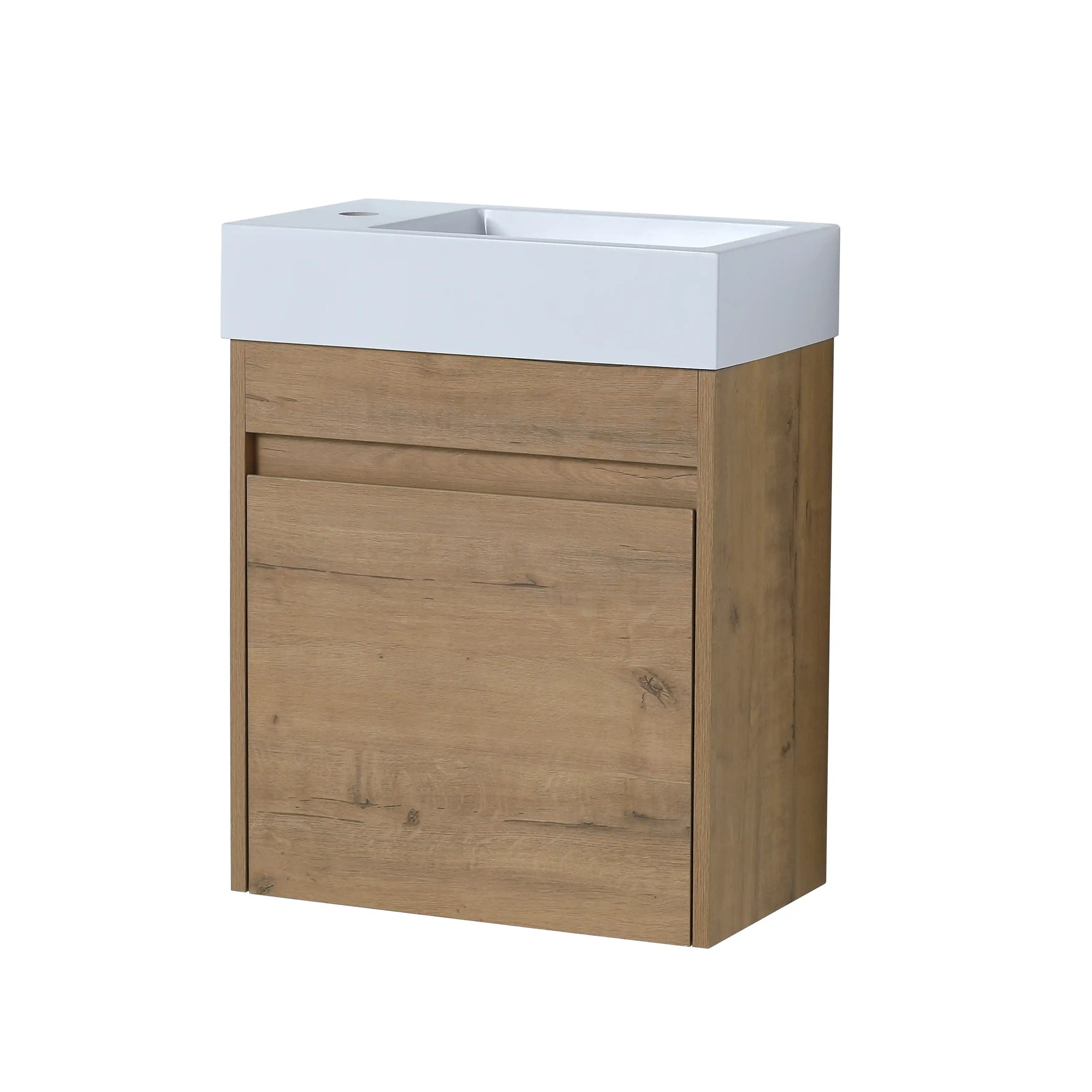 Angled product view of 18" wall mount bathroom sink vanity with solid wood structure and clean finish | Ace Decor