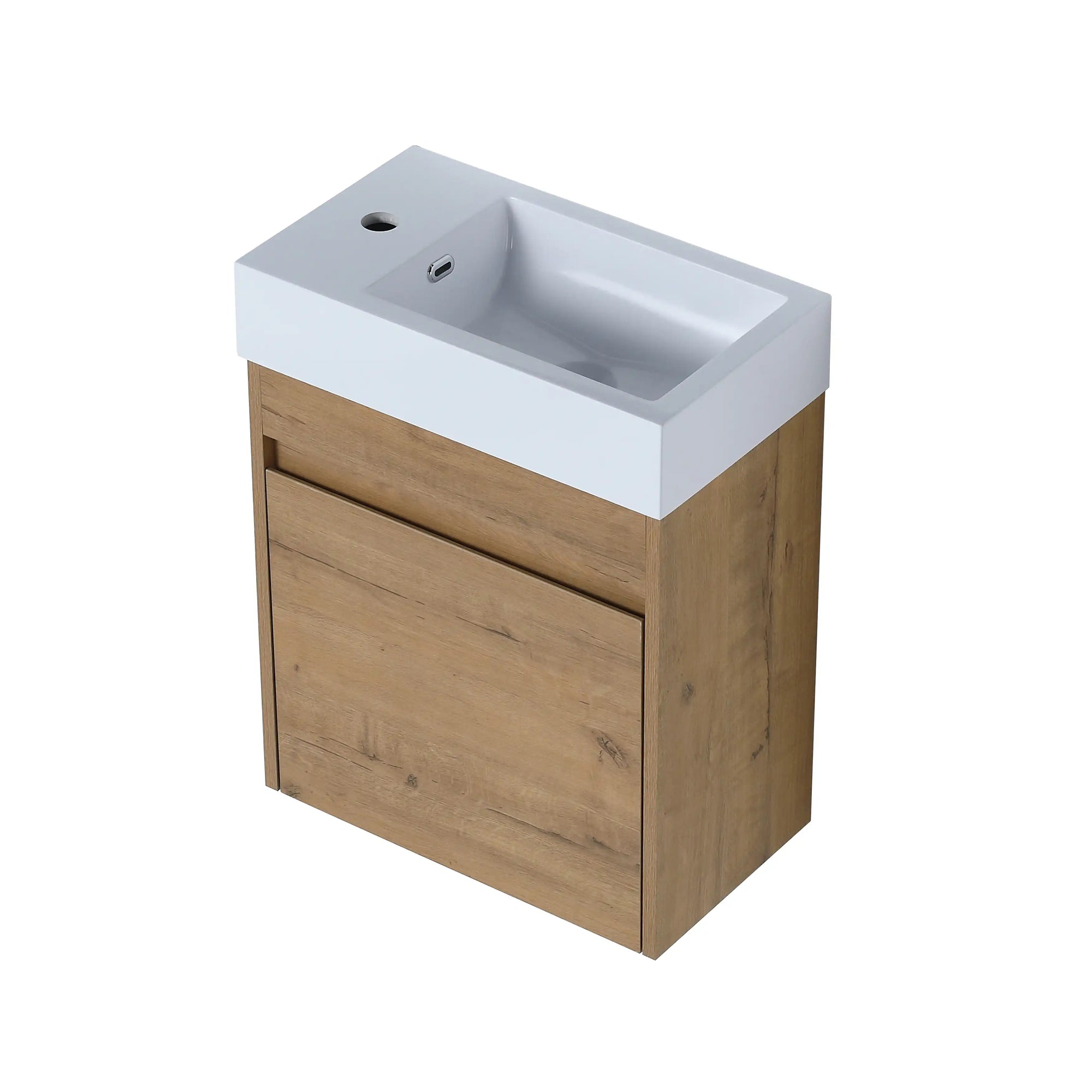 Angled product view of 18" wall mount bathroom sink vanity with integrated sink and floating design | Ace Decor