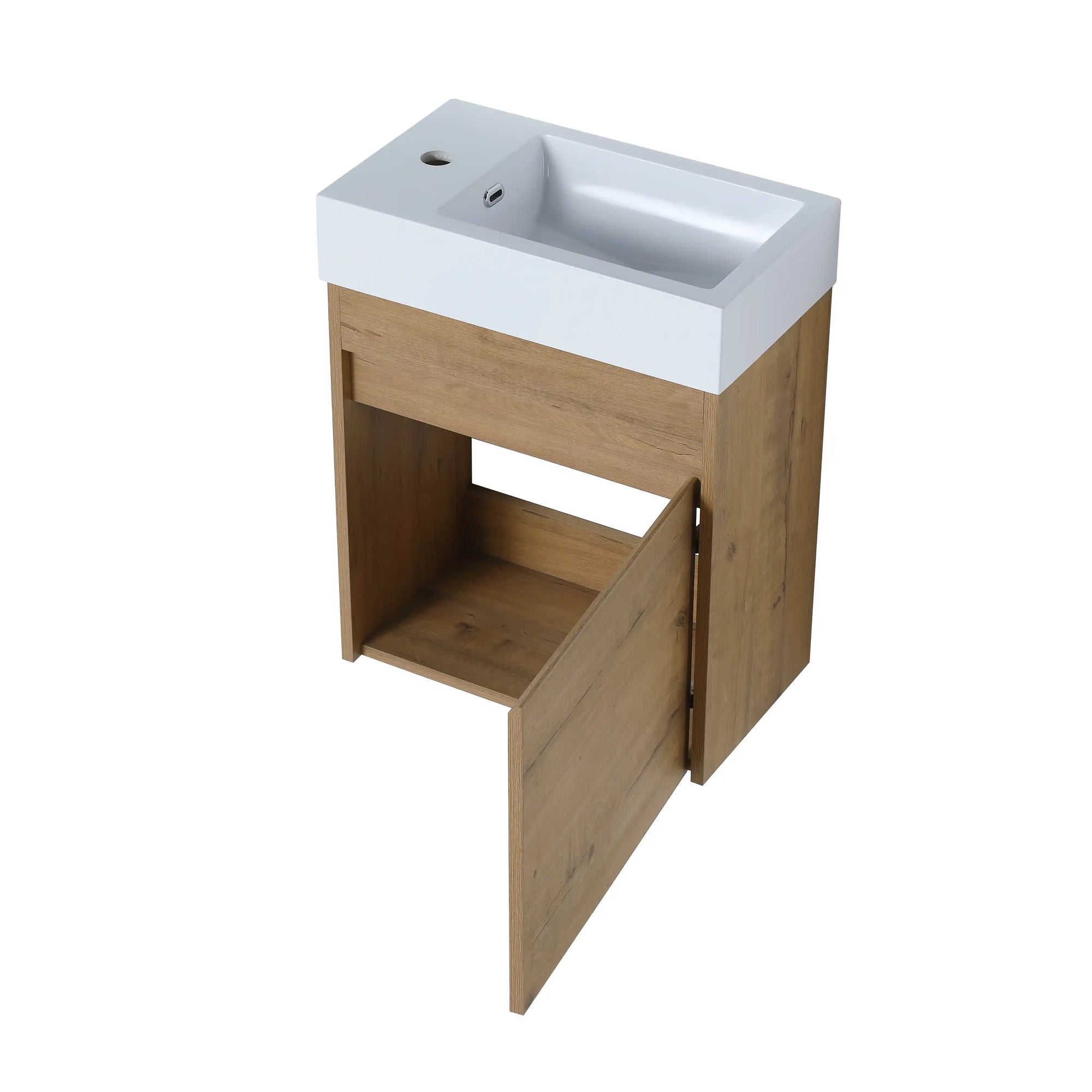 Open cabinet view of 18" wall mount bathroom sink vanity showing interior storage space | Ace Decor