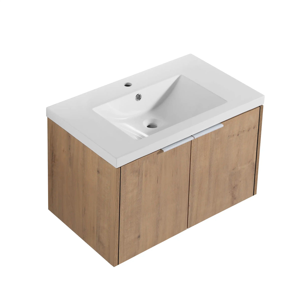 Angle view of the 30 inch bathroom vanity in oak finish with resin sink.