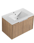 Angle view of the 30 inch bathroom vanity in oak finish with resin sink.
