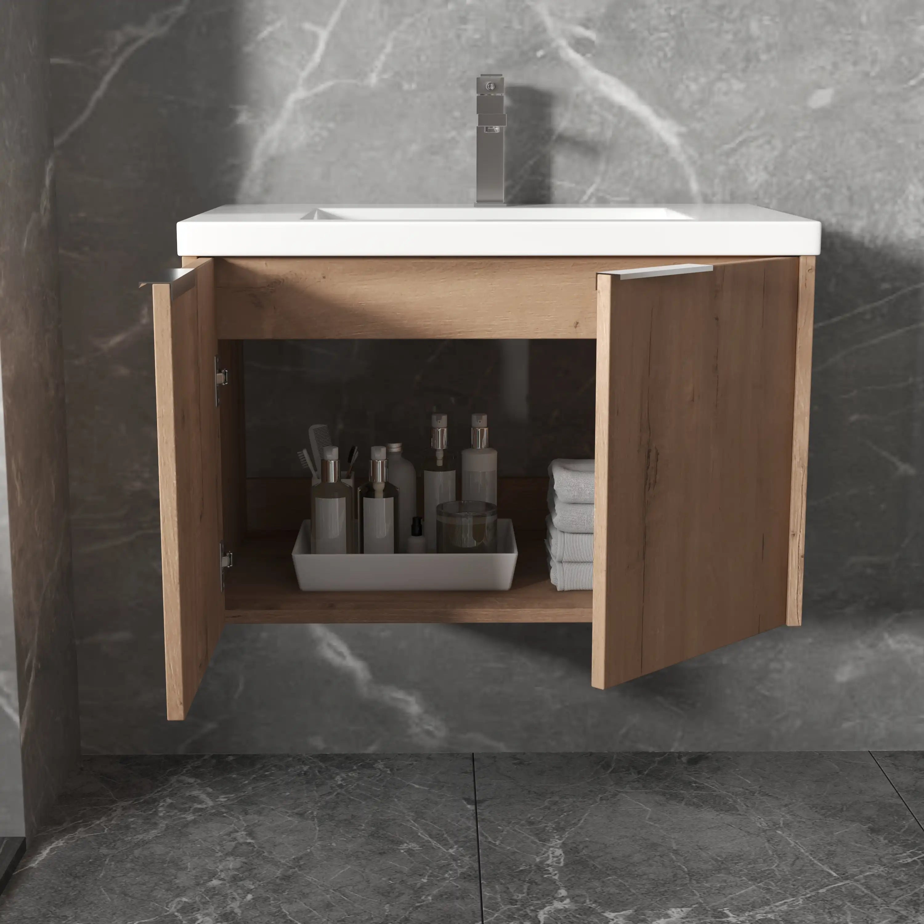 Open double doors of the Monterey floating vanity revealing spacious storage with neatly organized toiletries and towels.