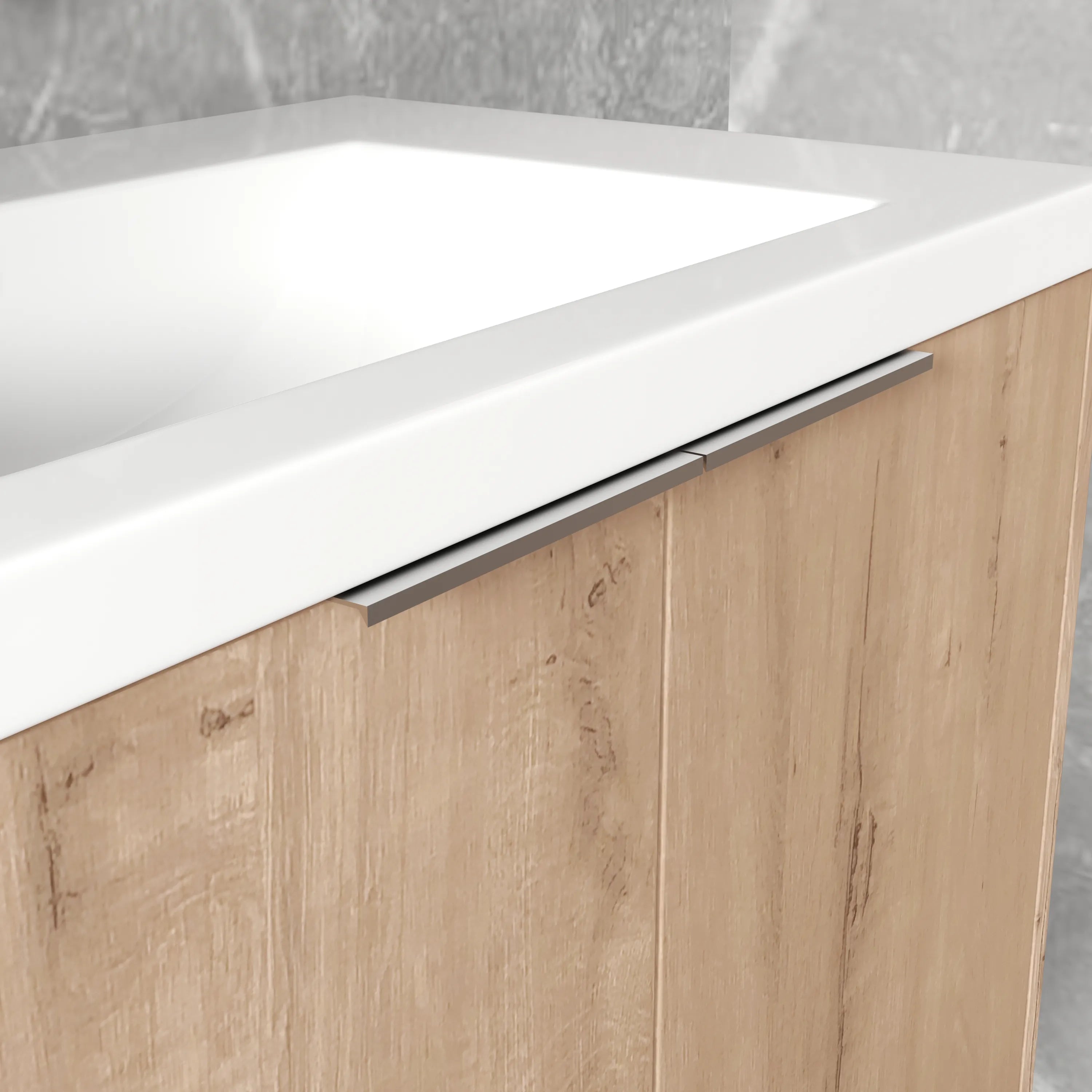 Close-up detail of the sleek metal door handle and oak wood finish on the Monterey 30 inch bathroom vanity cabinet.