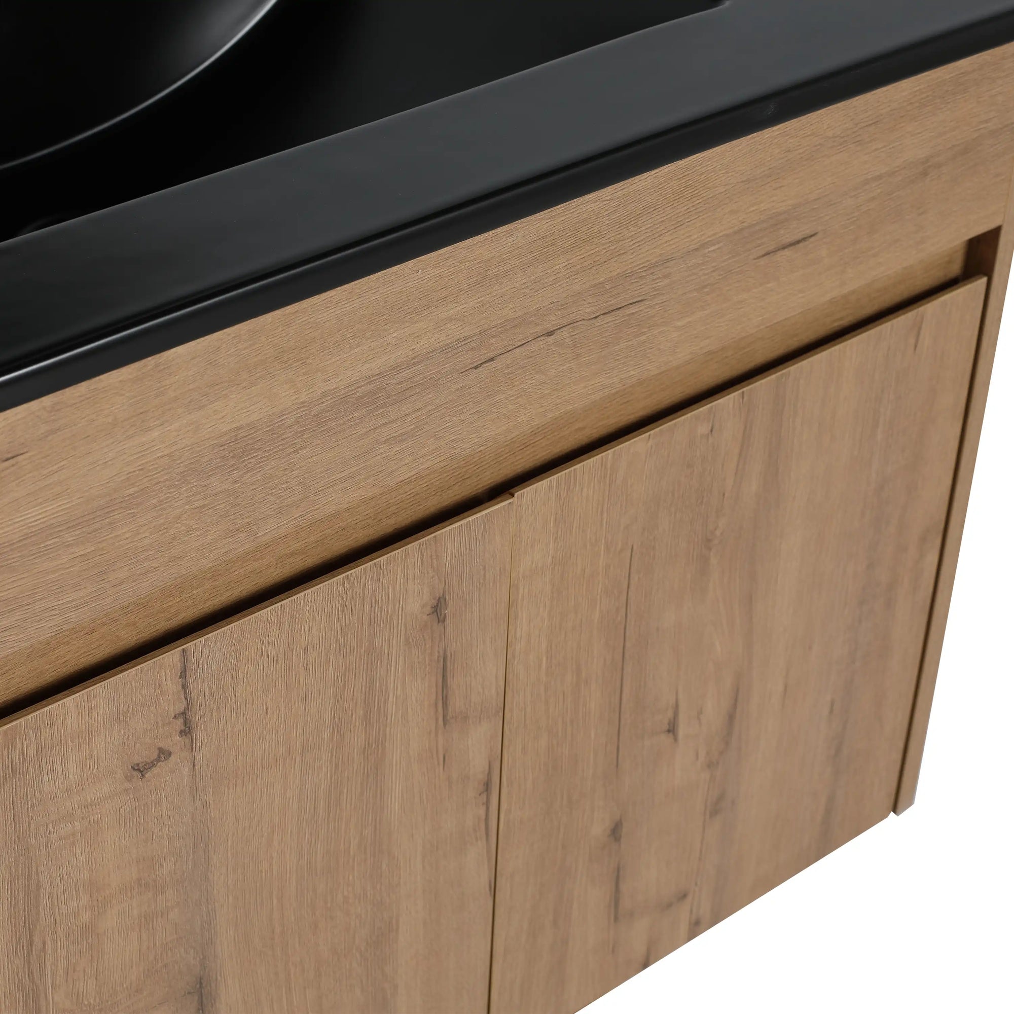 Close-up of 30" wall mounted vanity units with black ceramic sink and wood grain cabinet doors | Ace Decor