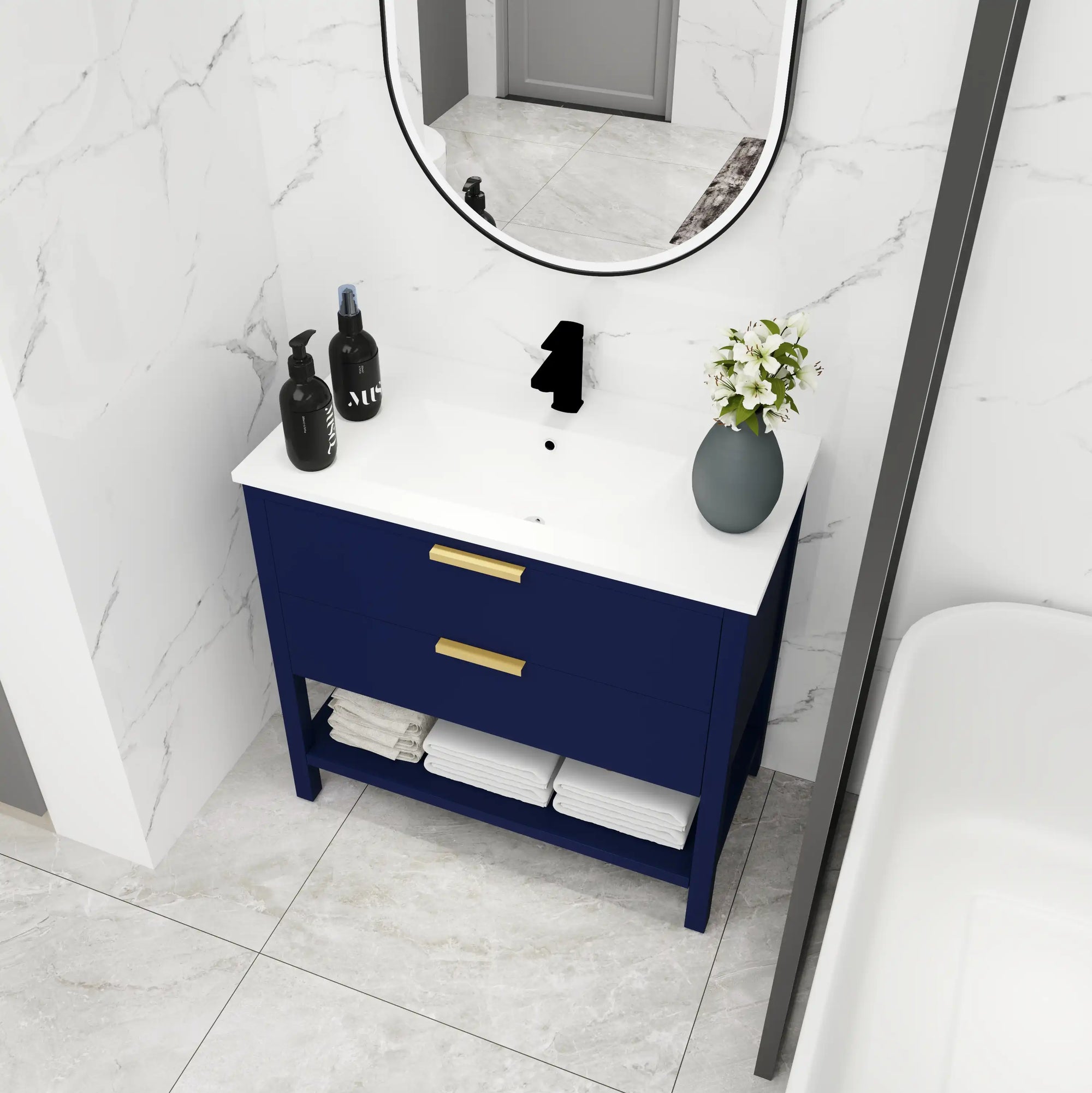 Single 30 inch bathroom vanity top view showing white integrated sink and storage layout, 30" | Ace Decor
