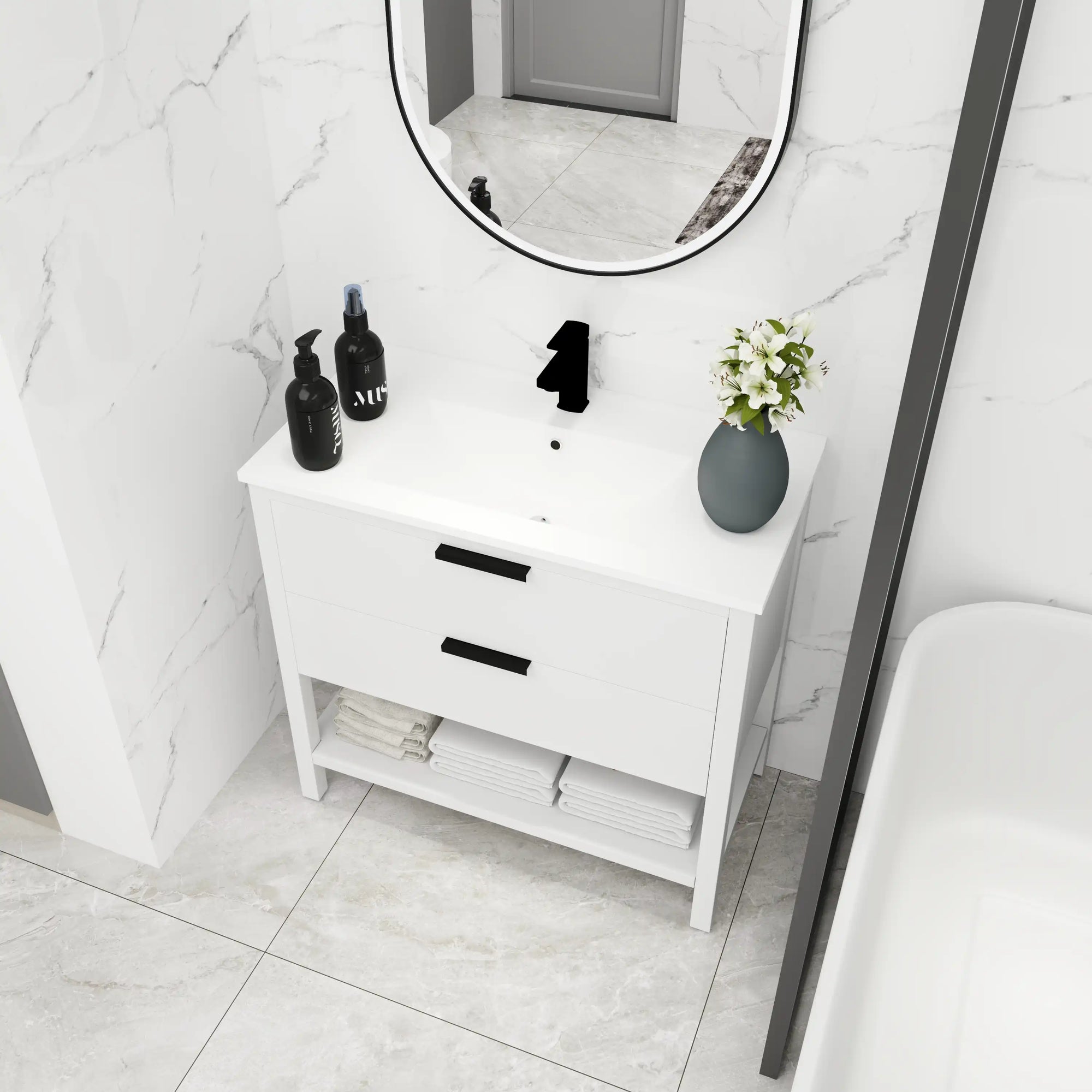 36" freestanding single bathroom vanity with sink styled in modern bathroom interior | Ace Decor