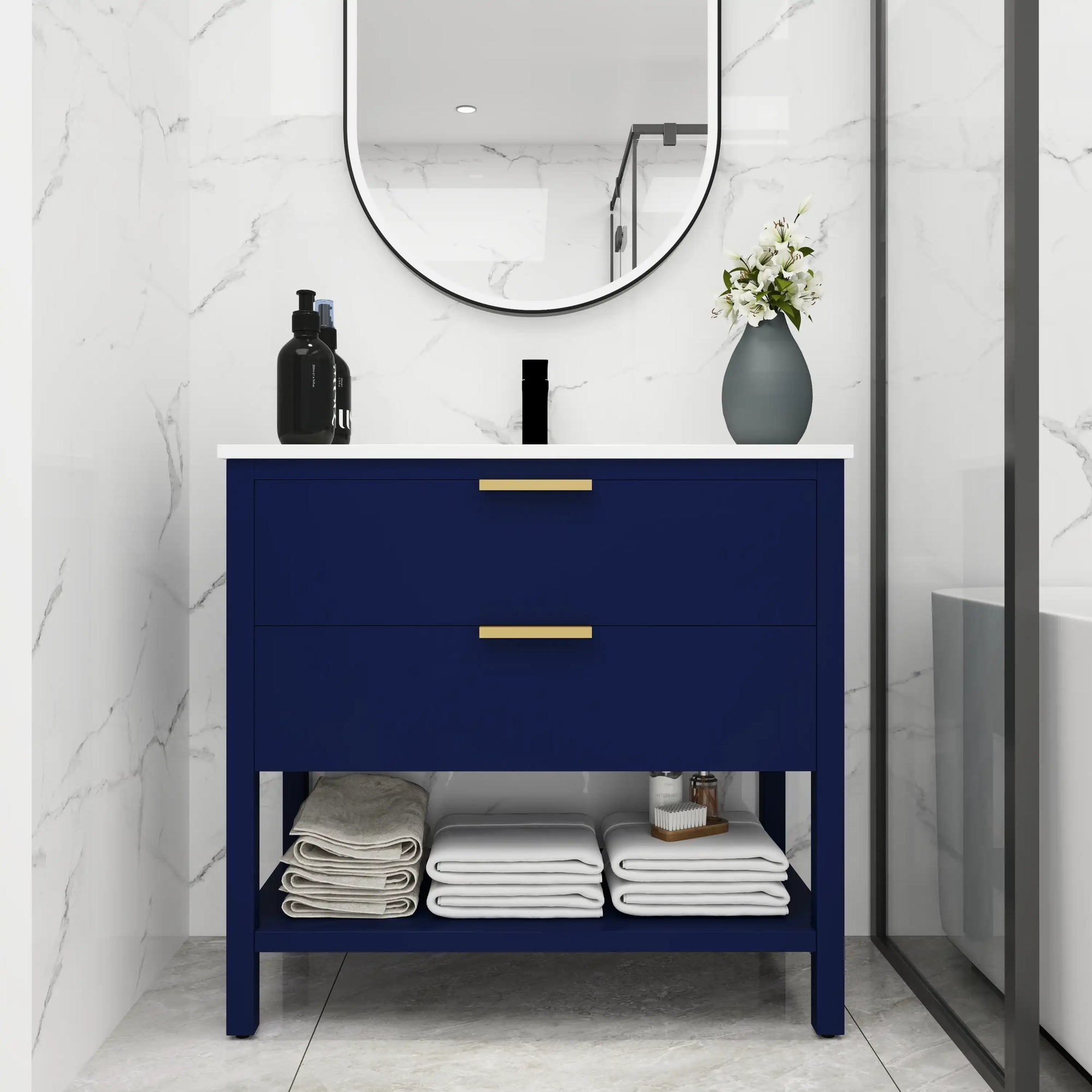 Single 30 inch bathroom vanity in navy blue with white sink styled in modern bathroom, 30" | Ace Decor