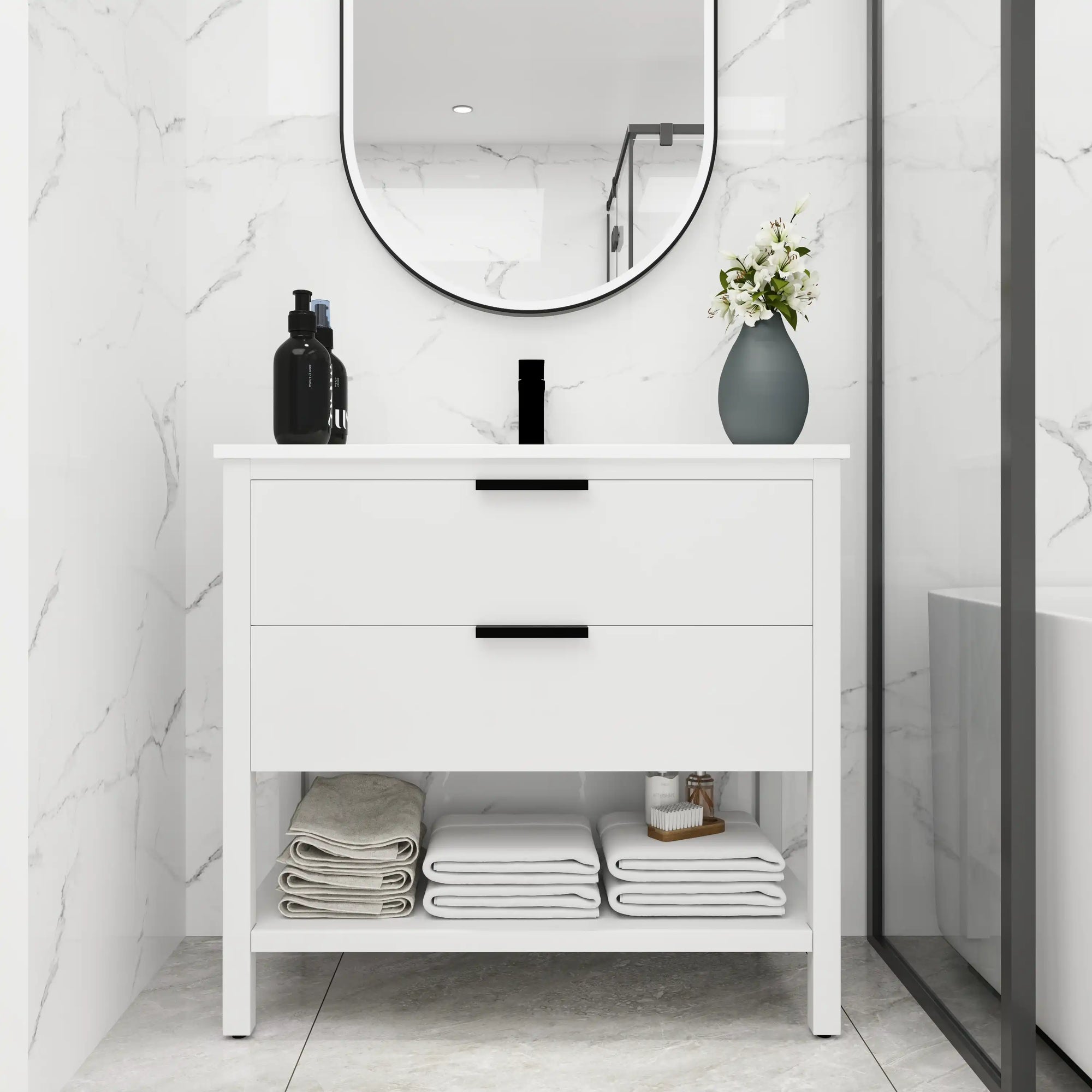 36" freestanding single bathroom vanity with sink styled in modern bathroom setting | Ace Decor